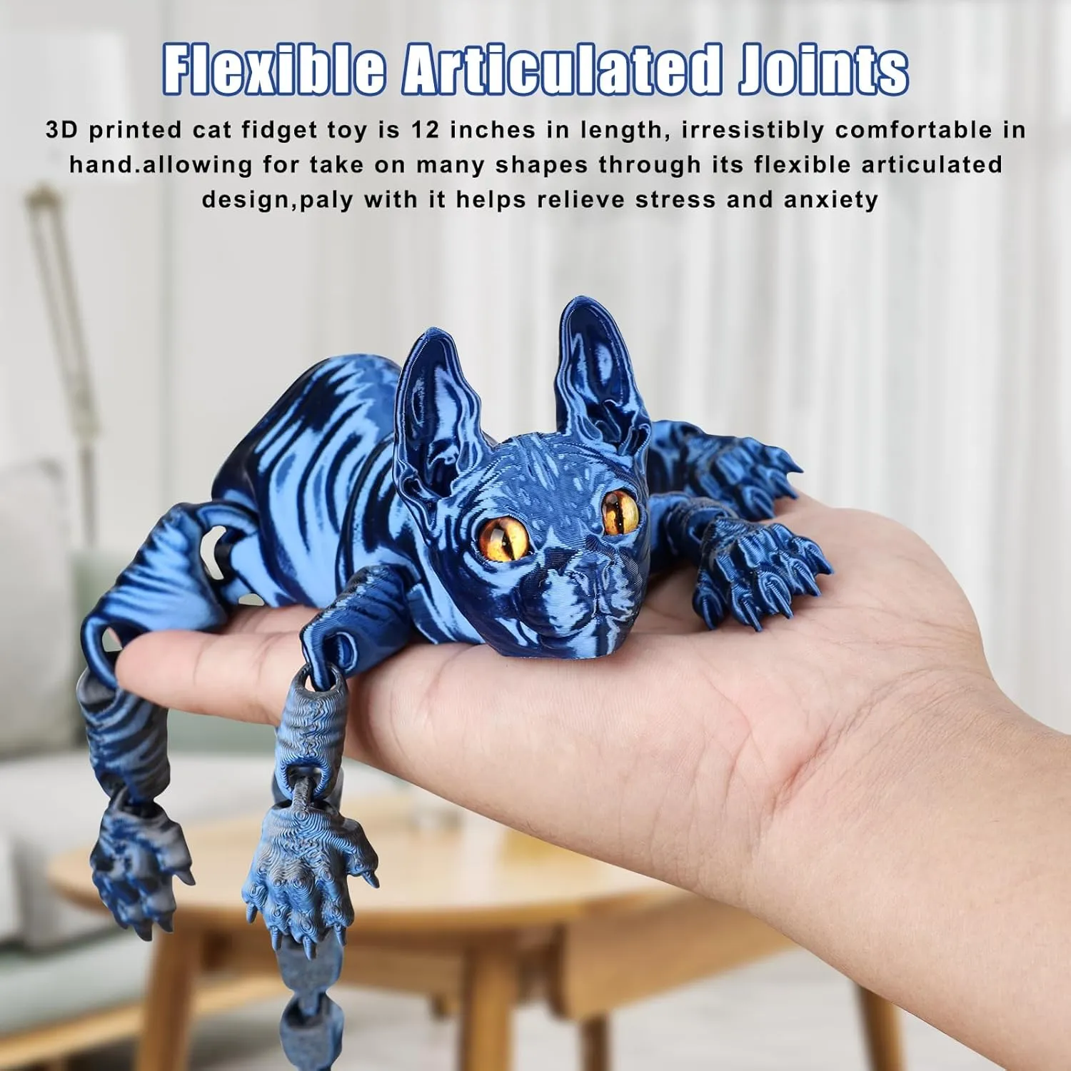 3D Printed Sphynx Cat, 12 Inch Realistic Hairless Cat,3D Printed Animals with Flexible Articulated Joints, Fidget Toy Adults for Stress Relief, Home Office Decor Desk Toys (Blue Pink)