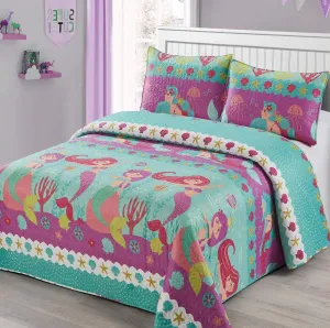 3pc Full/Queen Size Quilt Bedspread Kids/Teens Mermaid Dolphin Under The sea Branches Sea Life Purple Pink Teal Girls Multicolor Bedding New