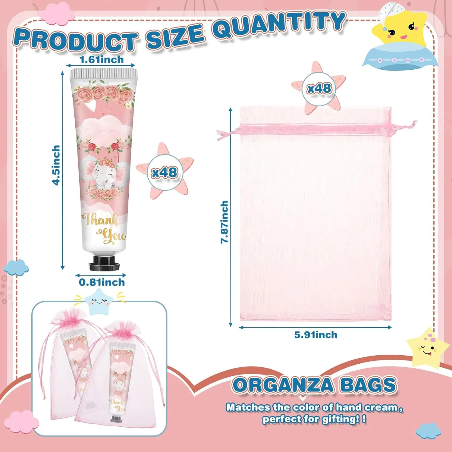 48 Sets Baby Shower Hand Cream Bulk Pink Elephant Baby Shower Favors Bridal Thank You Hand Cream for Guests Travel Size Lotion with Organza Bags