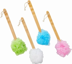 4 Pack Back Scrubber for Shower with Long Handle, Loofah on a Stick for Exfoliating, 4 Assorted Colors, 16 in