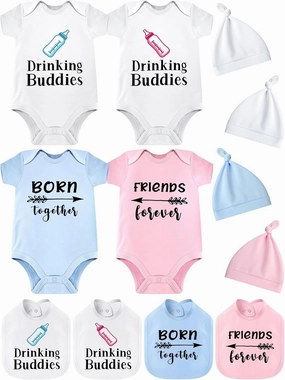 4 Set Baby Boy Girl Twins Bodysuits Set Twins Matching Outfits Includes 4 Pcs Newborn Baby Romper 4 Pack Bibs and Hat for Boy Girl Gifts
