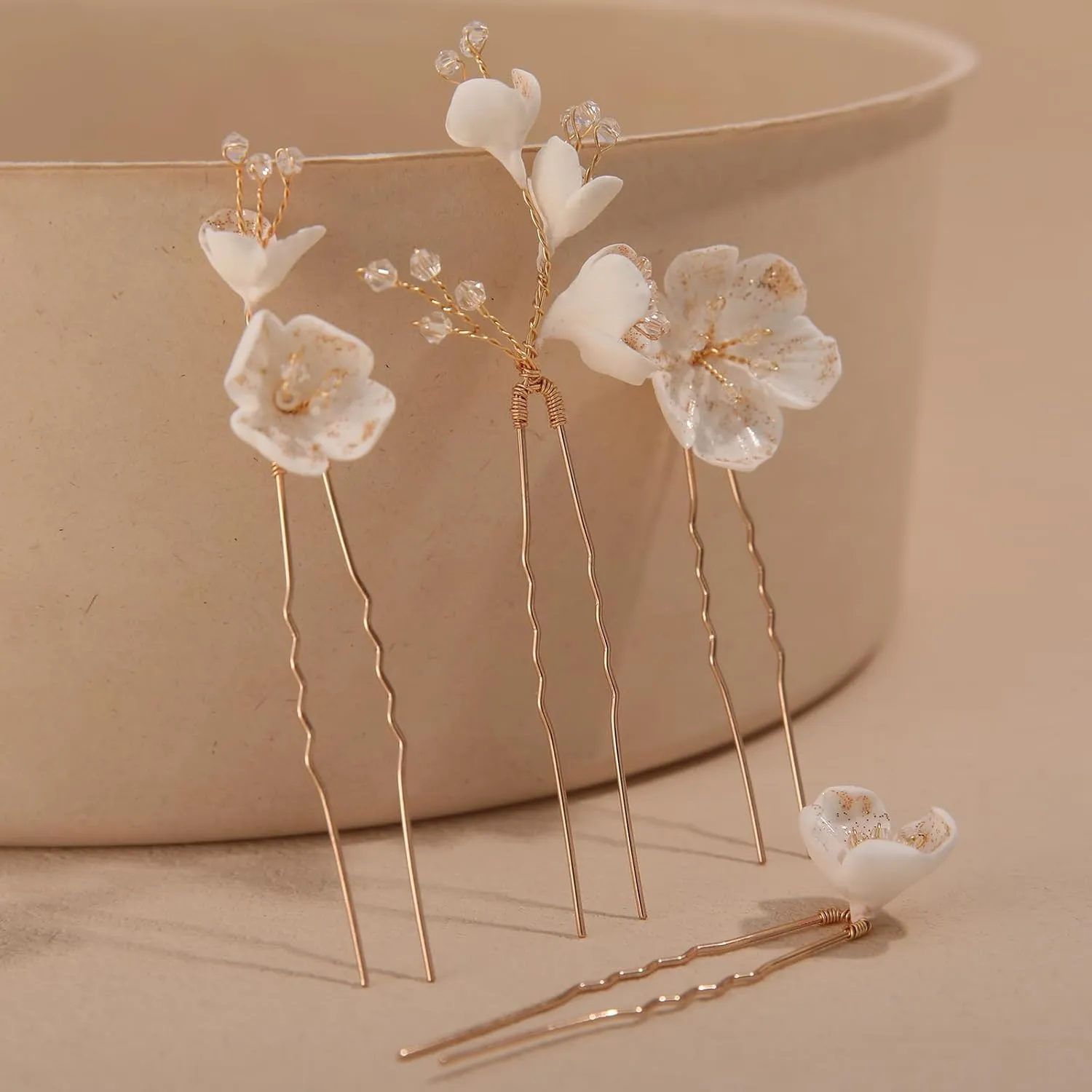4Pcs Bridal Hair Pins Soft Ceramic Flower Bride Wedding Hair Accessories Hair Piece for Women and Girls - Gold