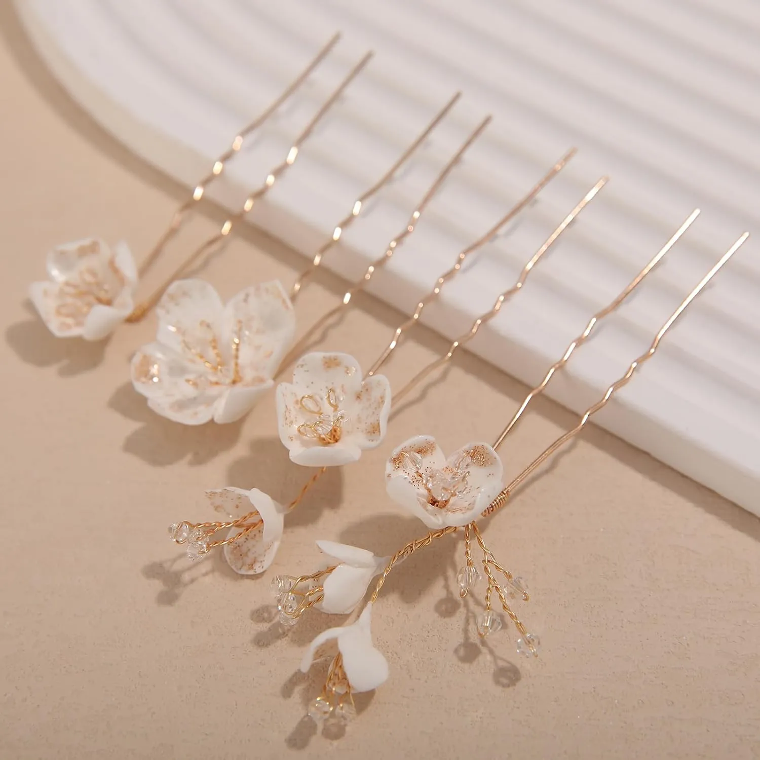 4Pcs Bridal Hair Pins Soft Ceramic Flower Bride Wedding Hair Accessories Hair Piece for Women and Girls - Gold