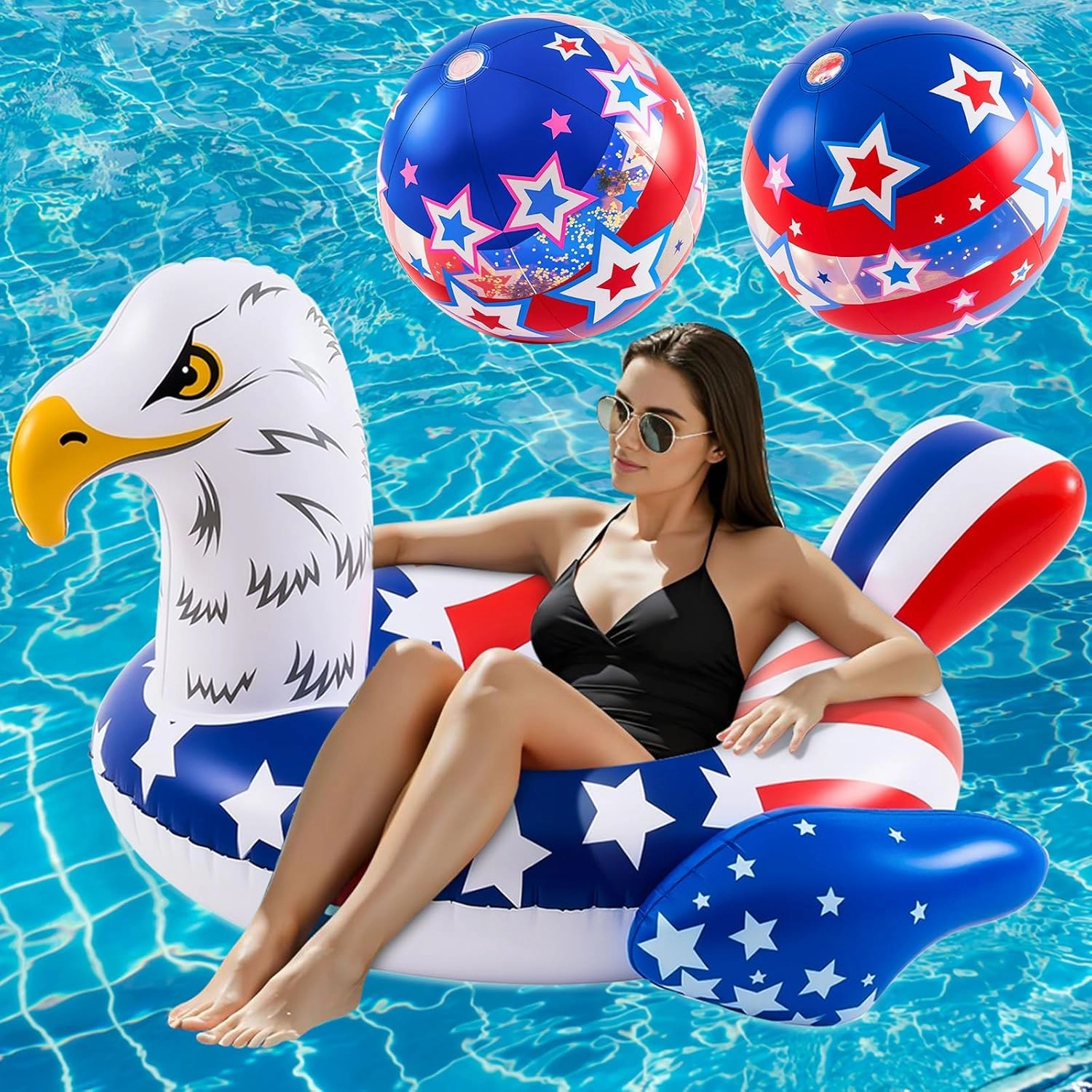 4th of July Pool Floats with 2 Patriotic Beach Balls 45 Inch Inflatable American Flag Eagle Pool Tube 16 Inch USA Flag Glitter Blow up Beach Ball for Summer Independence Day Water Party
