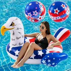 4th of July Pool Floats with 2 Patriotic Beach Balls 45 Inch Inflatable American Flag Eagle Pool Tube 16 Inch USA Flag Glitter Blow up Beach Ball for Summer Independence Day Water Party