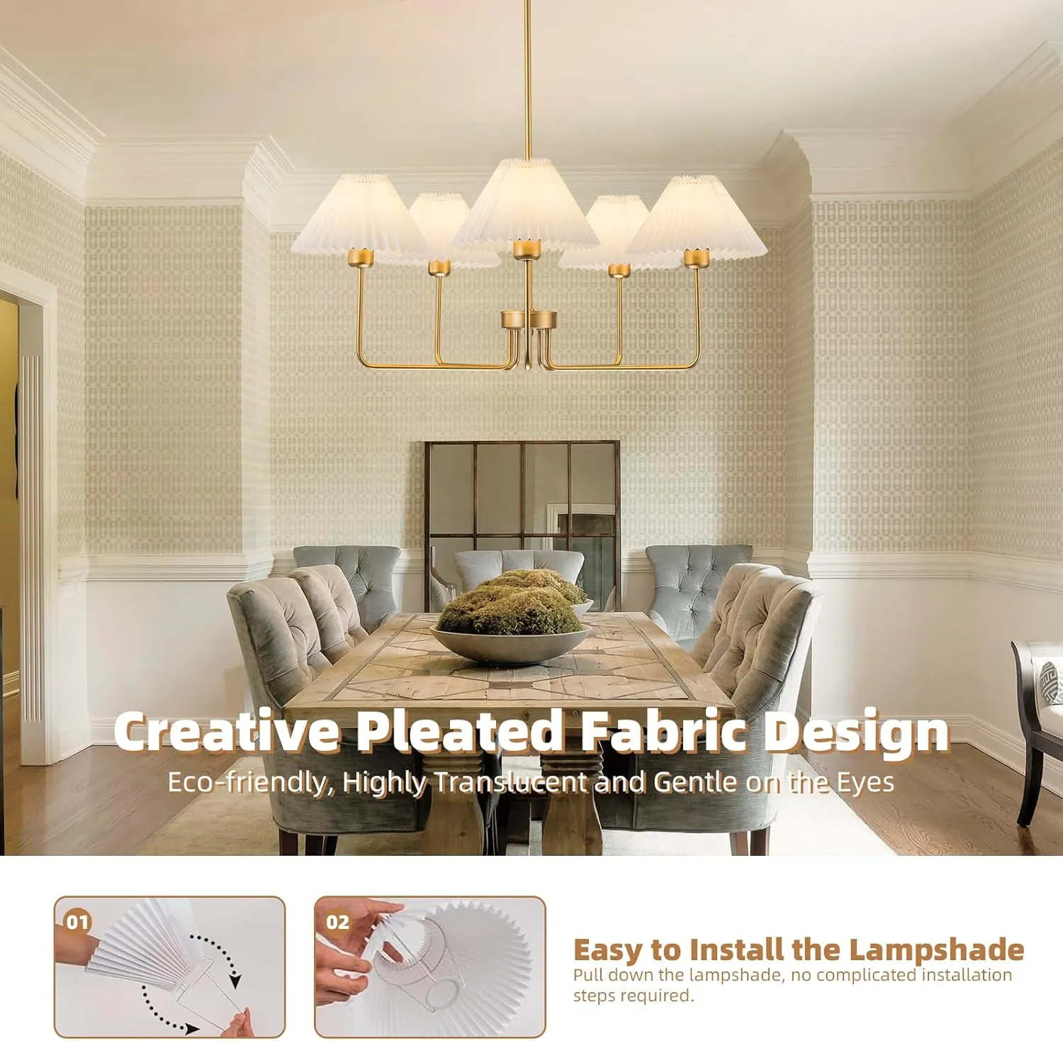 5-Light Gold Chandelier,Mid Century Modern Dining Room Light Fixtures with White Pleated Fabric Shades, Chandeliers Lighting Fixtures for Kitchen Island Above Dining Table,Height Adjustable