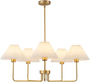 5-Light Gold Chandelier,Mid Century Modern Dining Room Light Fixtures with White Pleated Fabric Shades, Chandeliers Lighting Fixtures for Kitchen Island Above Dining Table,Height Adjustable