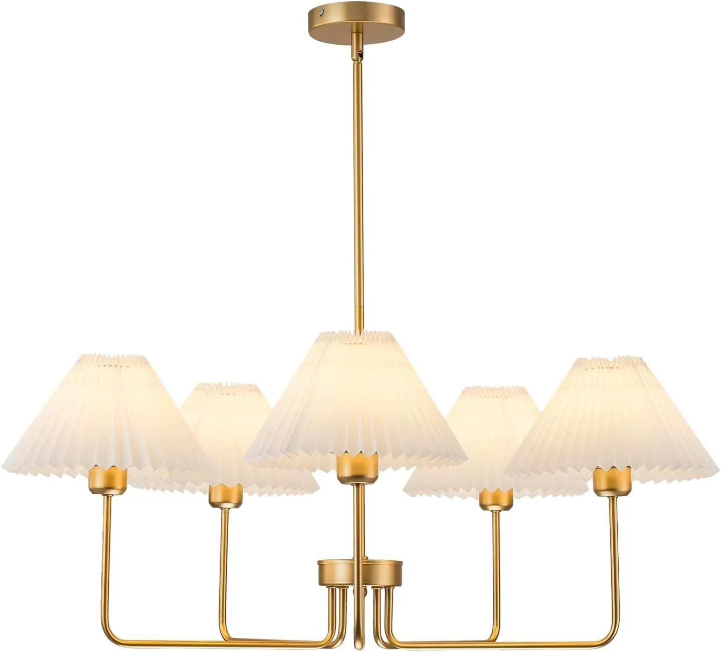 5-Light Gold Chandelier,Mid Century Modern Dining Room Light Fixtures with White Pleated Fabric Shades, Chandeliers Lighting Fixtures for Kitchen Island Above Dining Table,Height Adjustable