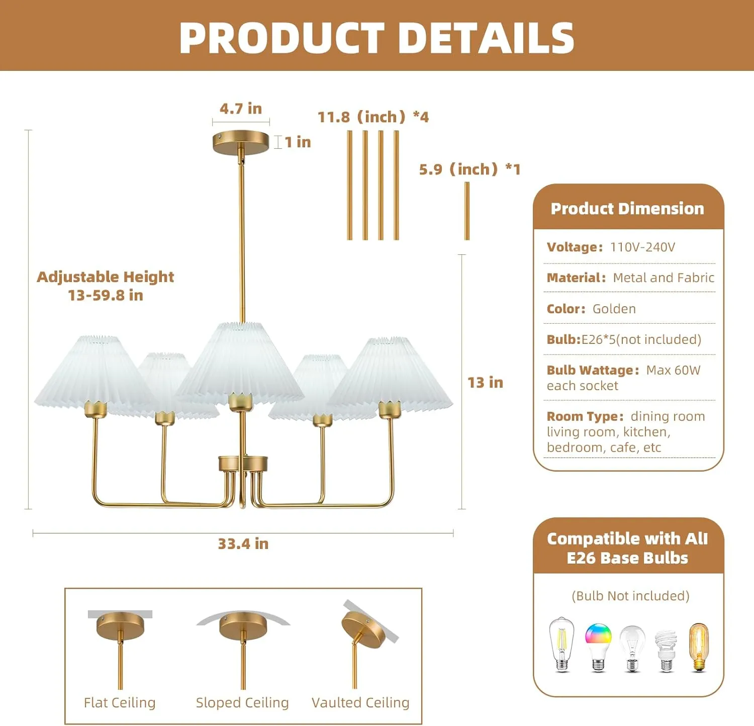 5-Light Gold Chandelier,Mid Century Modern Dining Room Light Fixtures with White Pleated Fabric Shades, Chandeliers Lighting Fixtures for Kitchen Island Above Dining Table,Height Adjustable