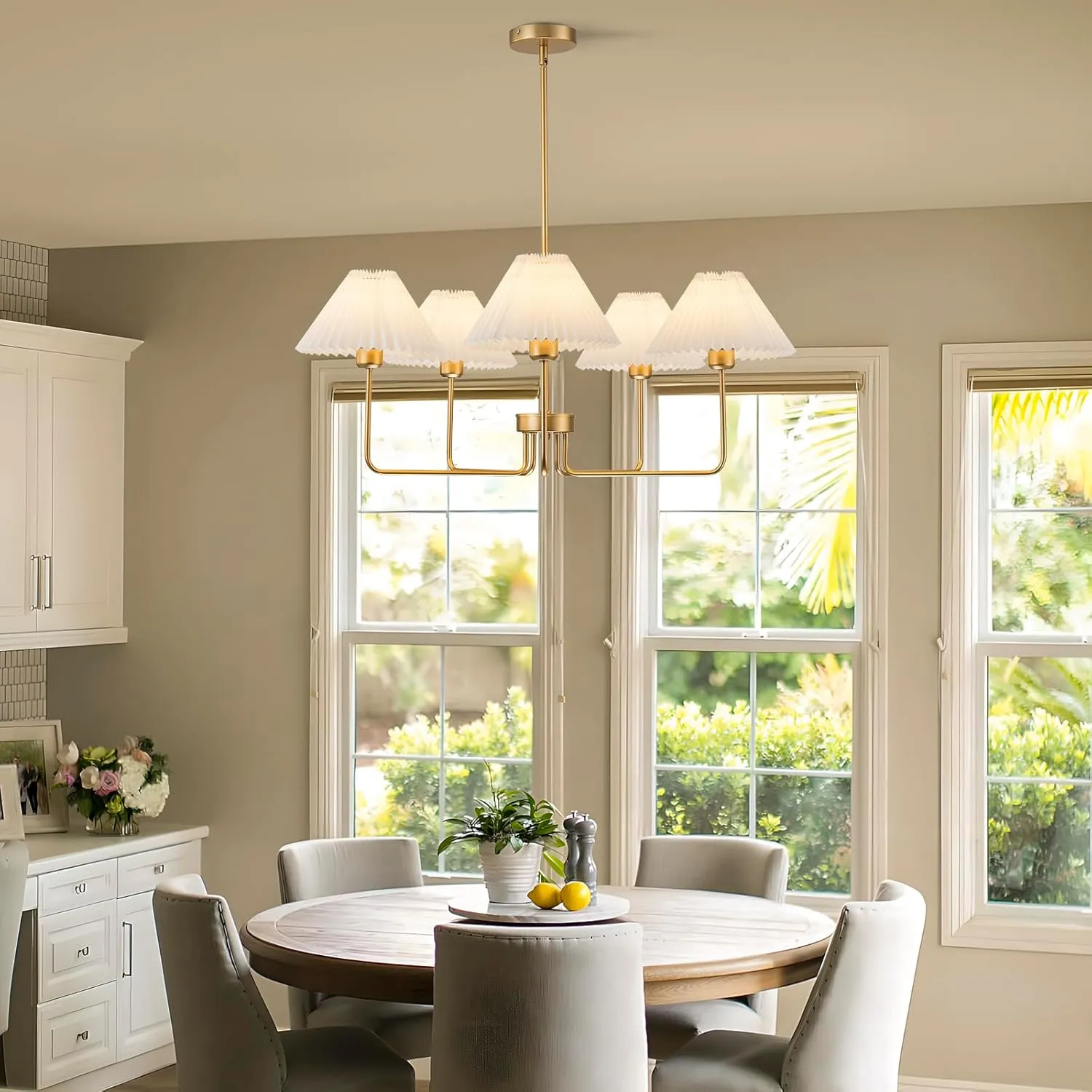 5-Light Gold Chandelier,Mid Century Modern Dining Room Light Fixtures with White Pleated Fabric Shades, Chandeliers Lighting Fixtures for Kitchen Island Above Dining Table,Height Adjustable