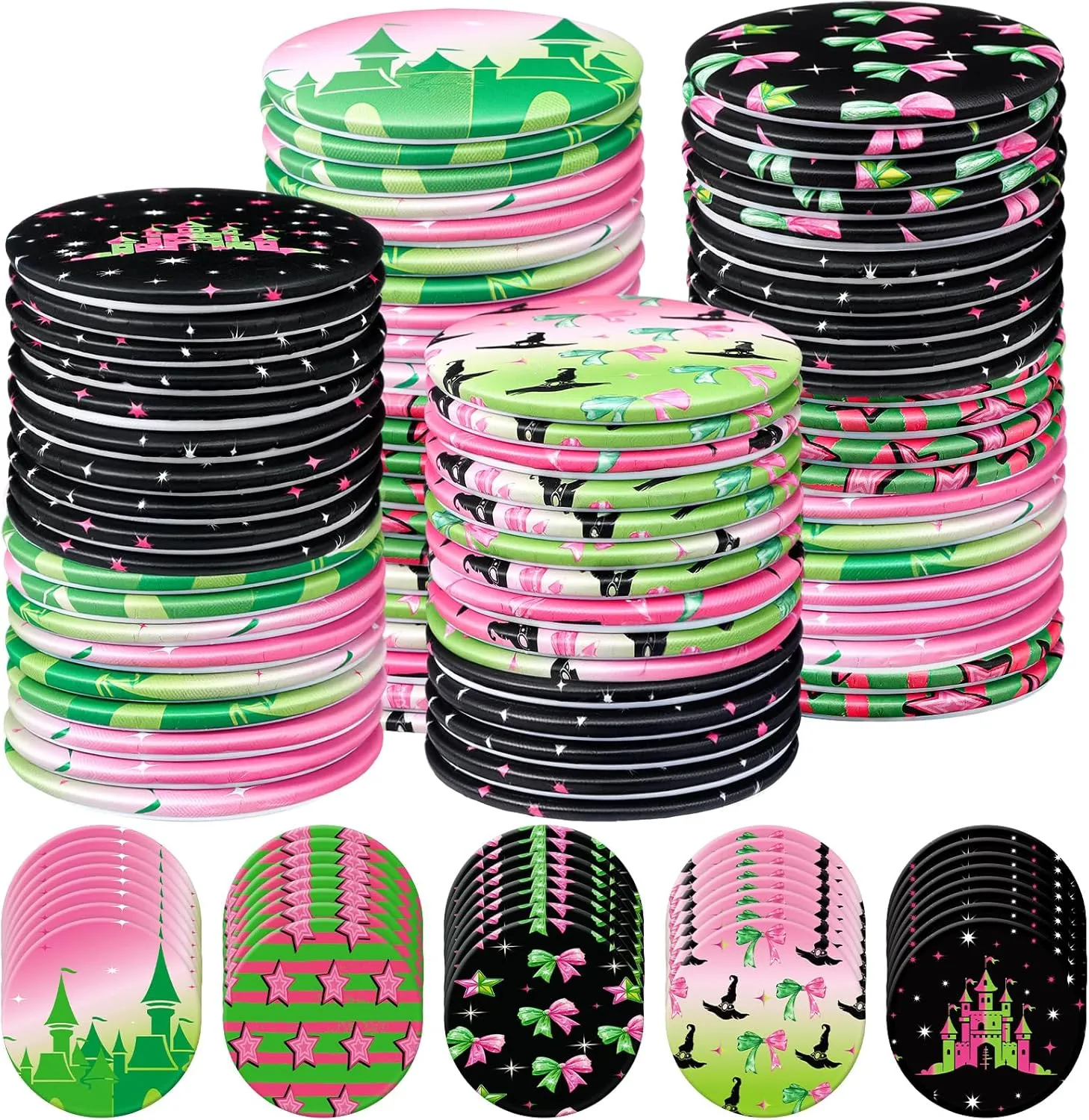 50 Pcs Witch Party Favors Pocket Mirror Bulk Pink and Green Mini Travel Compact Makeup Mirrors for Women Musical Lover Movie BFF Emerald Castle Enchanted Wizard Princess Birthday Party Decorations