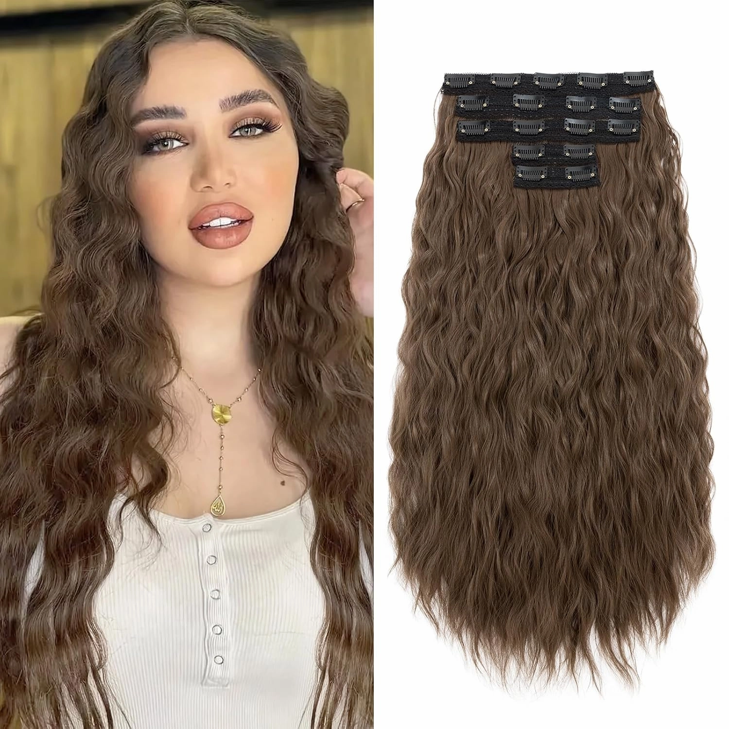 5PCS Clip in Hair Extensions,24 inch Long Loose Waves Curly Hair Extensions Natural Soft Lace Weft Seamless Clip-Ins Synthetic Hairpieces for Women #10