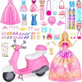 67PCS Doll & Toy Scooter, Travel Playset with 11.5 Inch Doll,Scooter,Skiing Kit,Dress,Casual Clothing,Pantsuit,Pet Set,Shoes,Doll Accessories and Sticker,Doll Dress up Toys for Girl Kid Gifts