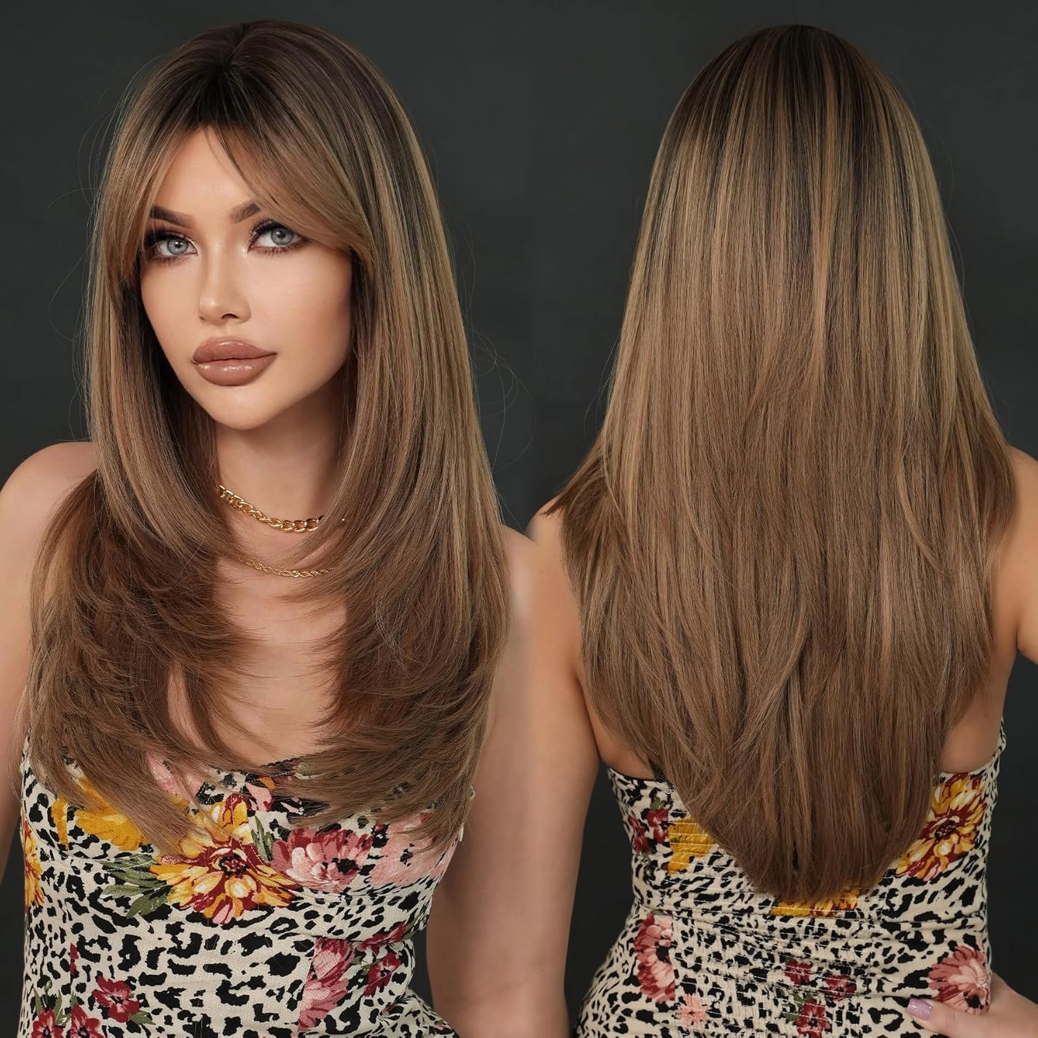 7JHH WIGS Long Blonde Brown Highlight Wig with Bangs for Women Heat Resistant Fiber 25 Inch Layered Synthetic Hair Wigs with Dark Roots for Daily Use