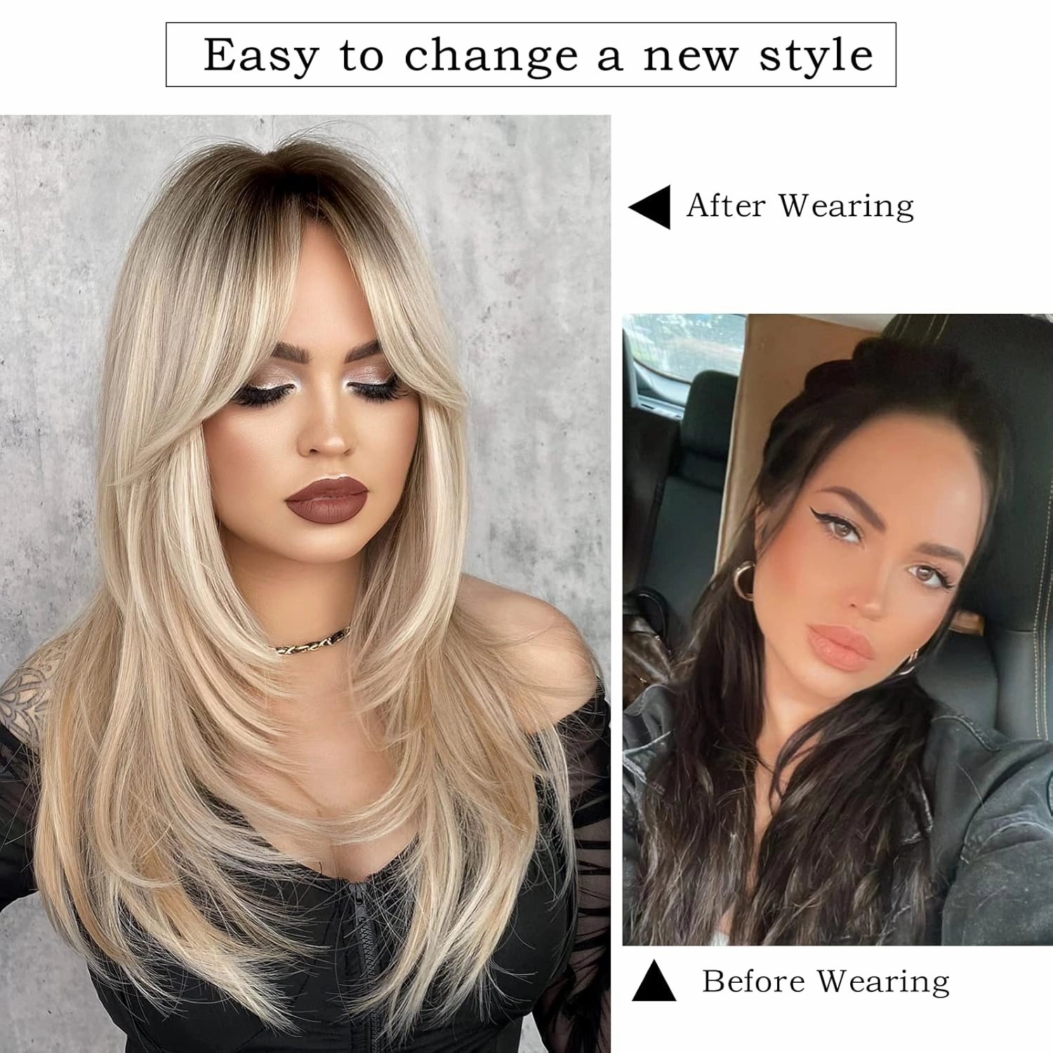7JHH WIGS Long Blonde Wig with Bangs for Women,Heat Resistant Fiber 25 Inch Layered Synthetic Hair Wigs with Dark Roots for Daily Use