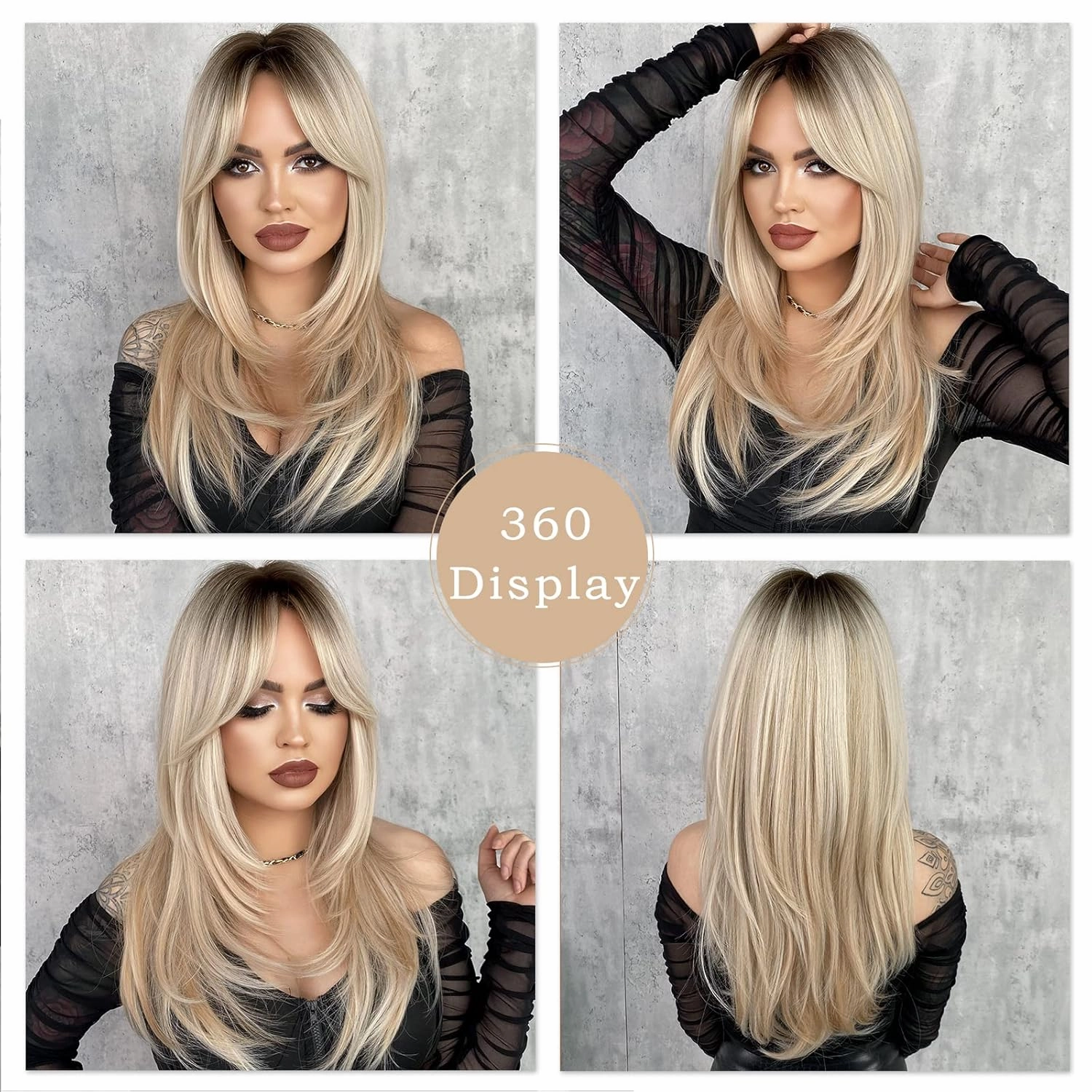 7JHH WIGS Long Blonde Wig with Bangs for Women,Heat Resistant Fiber 25 Inch Layered Synthetic Hair Wigs with Dark Roots for Daily Use