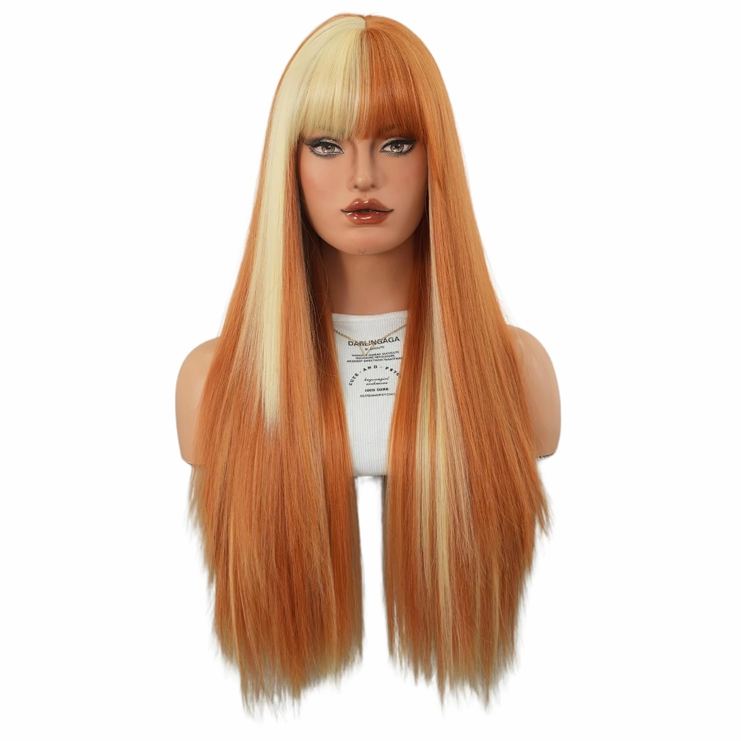 7JHH WIGS Long Straight Orange Blonde Highlight Wig with Bangs 27in Natural Heat Resistant Fiber Synthetic Half Blonde Half Orange Layered Wigs for Women Girls Holiday Chrismas Daily Party Used