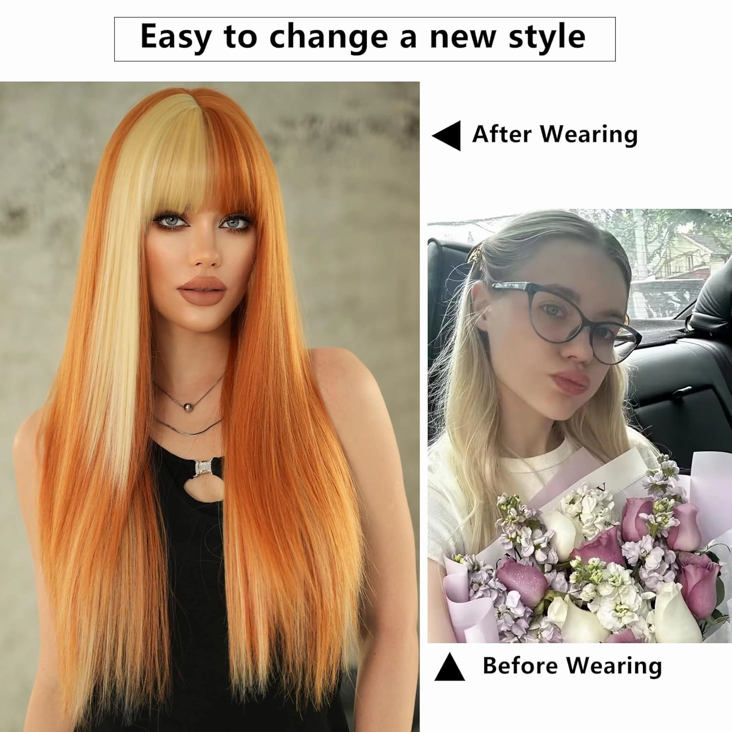 7JHH WIGS Long Straight Orange Blonde Highlight Wig with Bangs 27in Natural Heat Resistant Fiber Synthetic Half Blonde Half Orange Layered Wigs for Women Girls Holiday Chrismas Daily Party Used