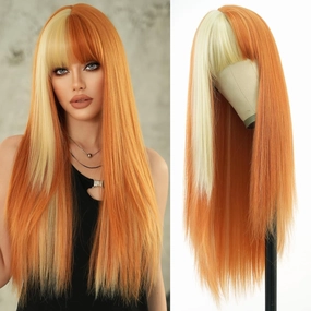 7JHH WIGS Long Straight Orange Blonde Highlight Wig with Bangs 27in Natural Heat Resistant Fiber Synthetic Half Blonde Half Orange Layered Wigs for Women Girls Holiday Chrismas Daily Party Used