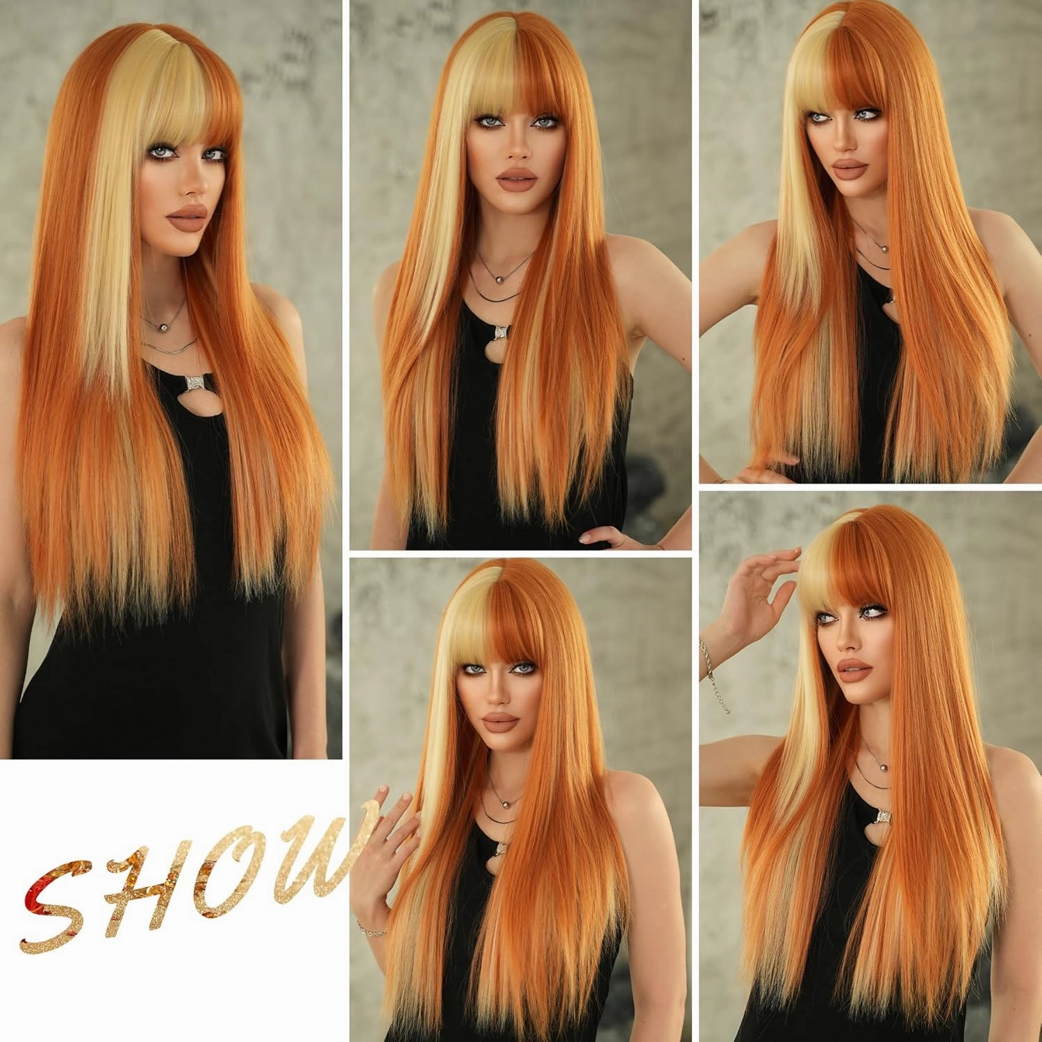 7JHH WIGS Long Straight Orange Blonde Highlight Wig with Bangs 27in Natural Heat Resistant Fiber Synthetic Half Blonde Half Orange Layered Wigs for Women Girls Holiday Chrismas Daily Party Used