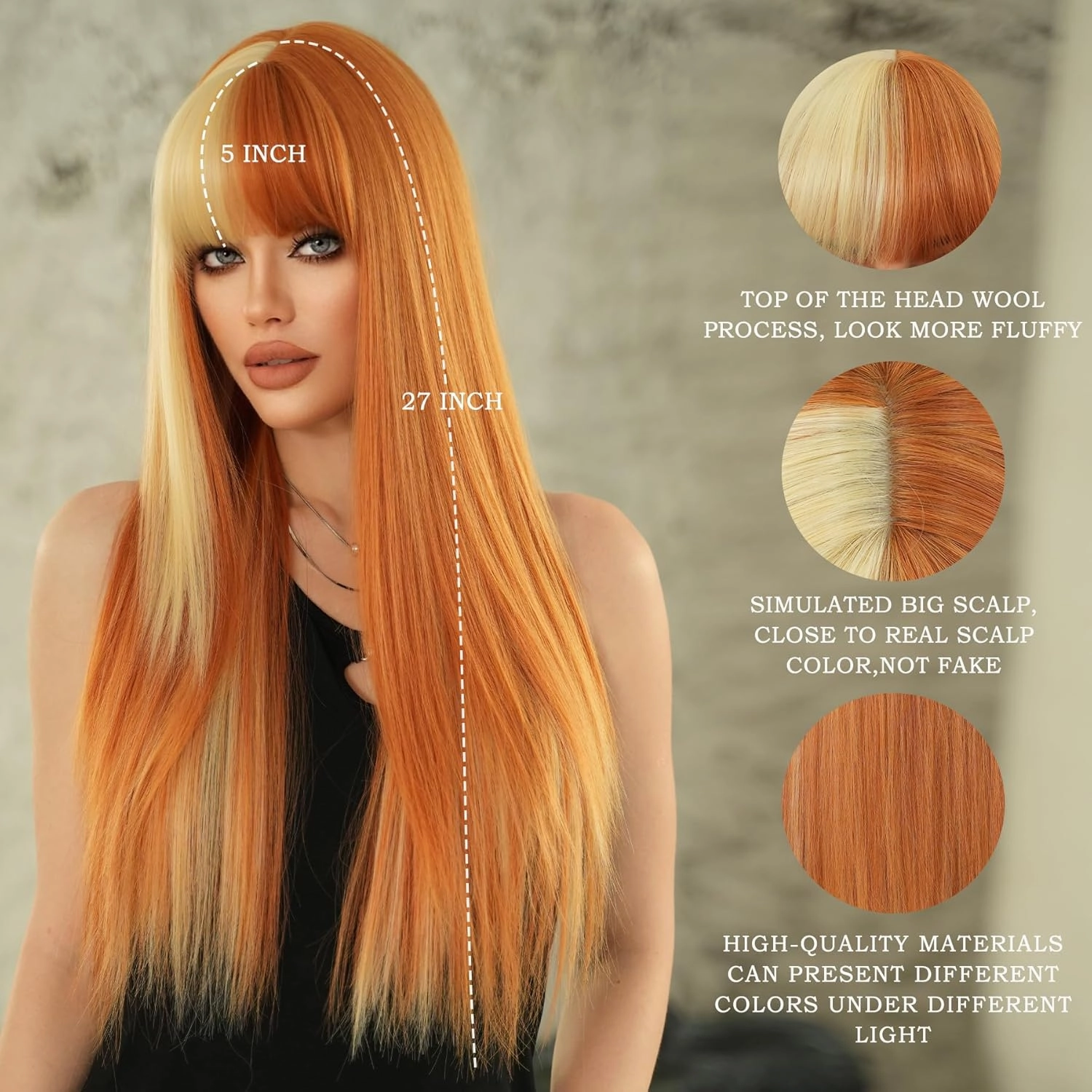 7JHH WIGS Long Straight Orange Blonde Highlight Wig with Bangs 27in Natural Heat Resistant Fiber Synthetic Half Blonde Half Orange Layered Wigs for Women Girls Holiday Chrismas Daily Party Used