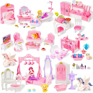 92 Pcs Miniature Furniture Set Accessories 1：12 Scale Mini Furniture Plastic Bedroom Living Room Bathroom Kitchen Kit Small Pink House for Birthday Gift