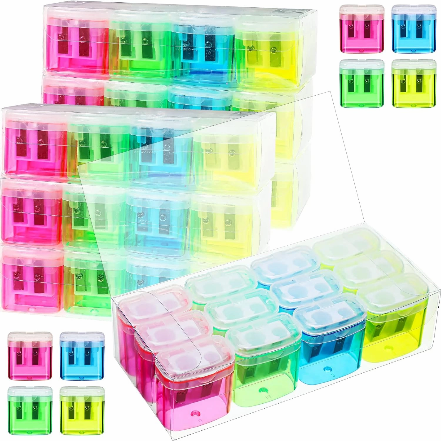 96 Pieces Pencil Sharpeners for Kids Colored Pencil Sharpeners Manual Double Hole Pencil Sharpener with Lid Hand Held Pencil Sharpener with Cover to Catch Shavings for School Office Home