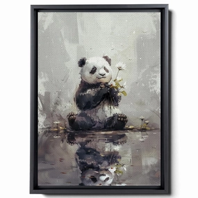 A Panda Holding Flowers And Sitting On A Puddle, In Soft Watercolor Style, Light Gray And Light Emerald, Forest Core, Animal Depiction, Canvas Prints