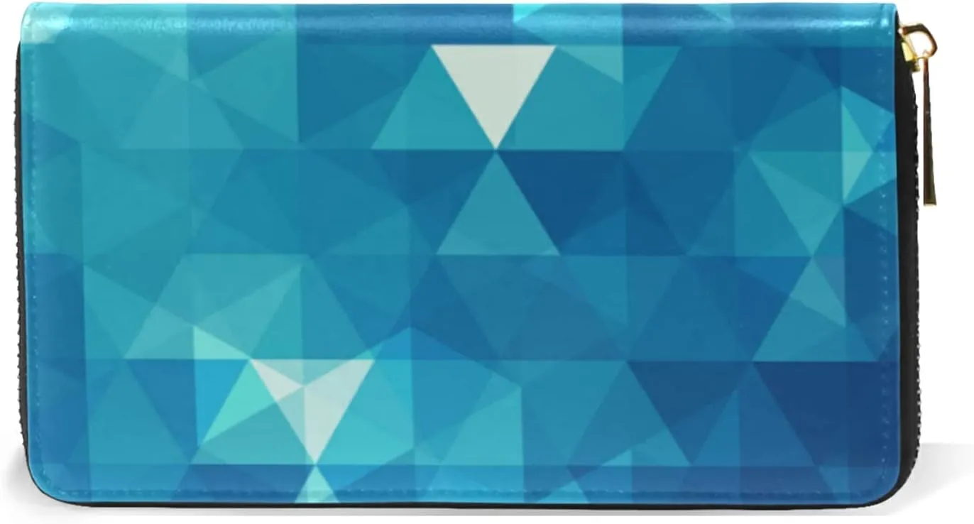 Abstract Seamless Triangles in Blue Turquoise Gradient Pattern Leather Long Wallet Organizer with Zipper Purse Clutch Bag for Women Men Key Card Coin Passport Checkbook