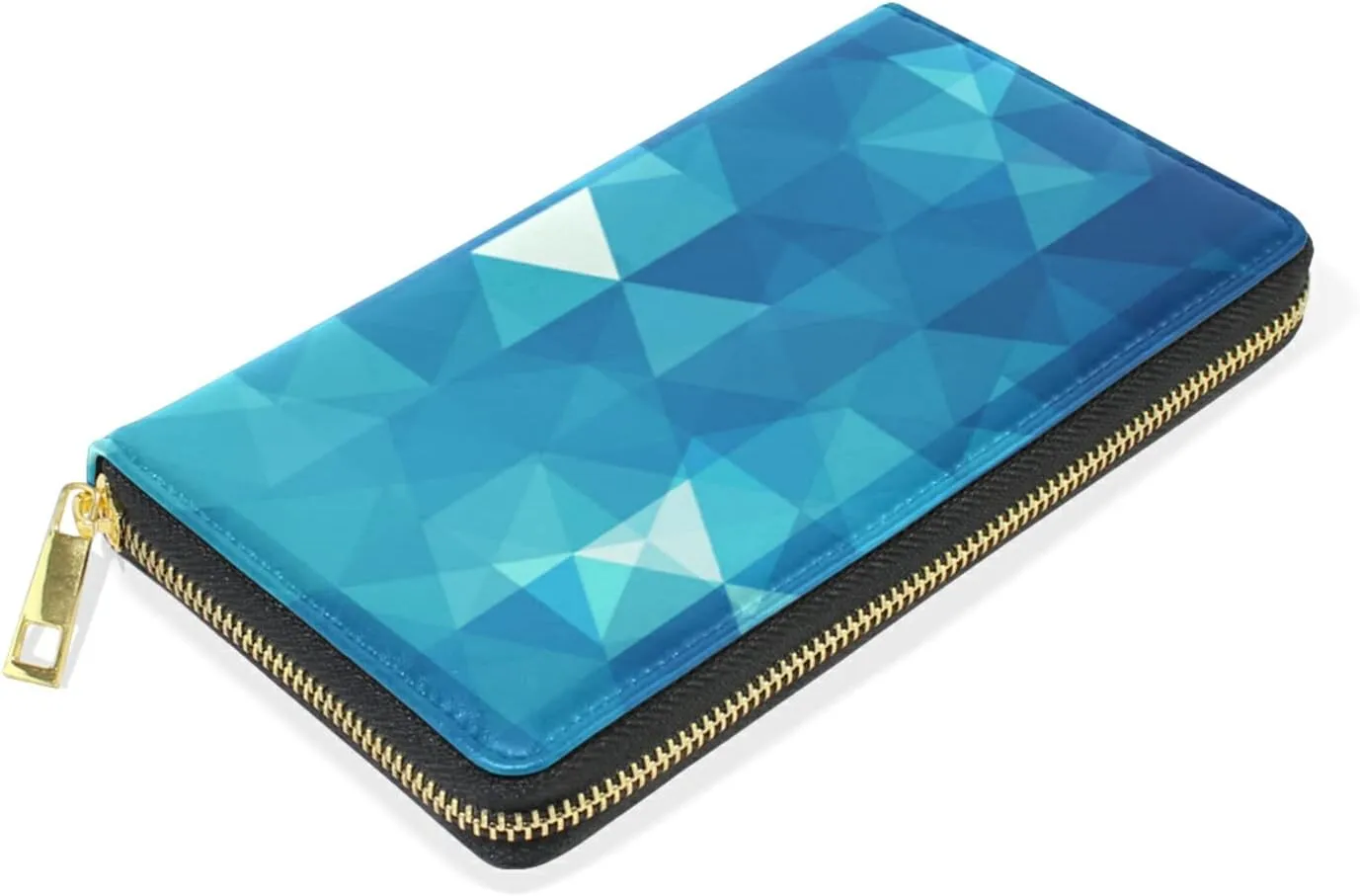 Abstract Seamless Triangles in Blue Turquoise Gradient Pattern Leather Long Wallet Organizer with Zipper Purse Clutch Bag for Women Men Key Card Coin Passport Checkbook