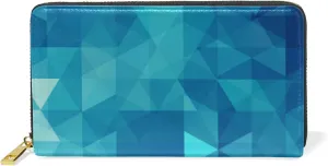 Abstract Seamless Triangles in Blue Turquoise Gradient Pattern Leather Long Wallet Organizer with Zipper Purse Clutch Bag for Women Men Key Card Coin Passport Checkbook