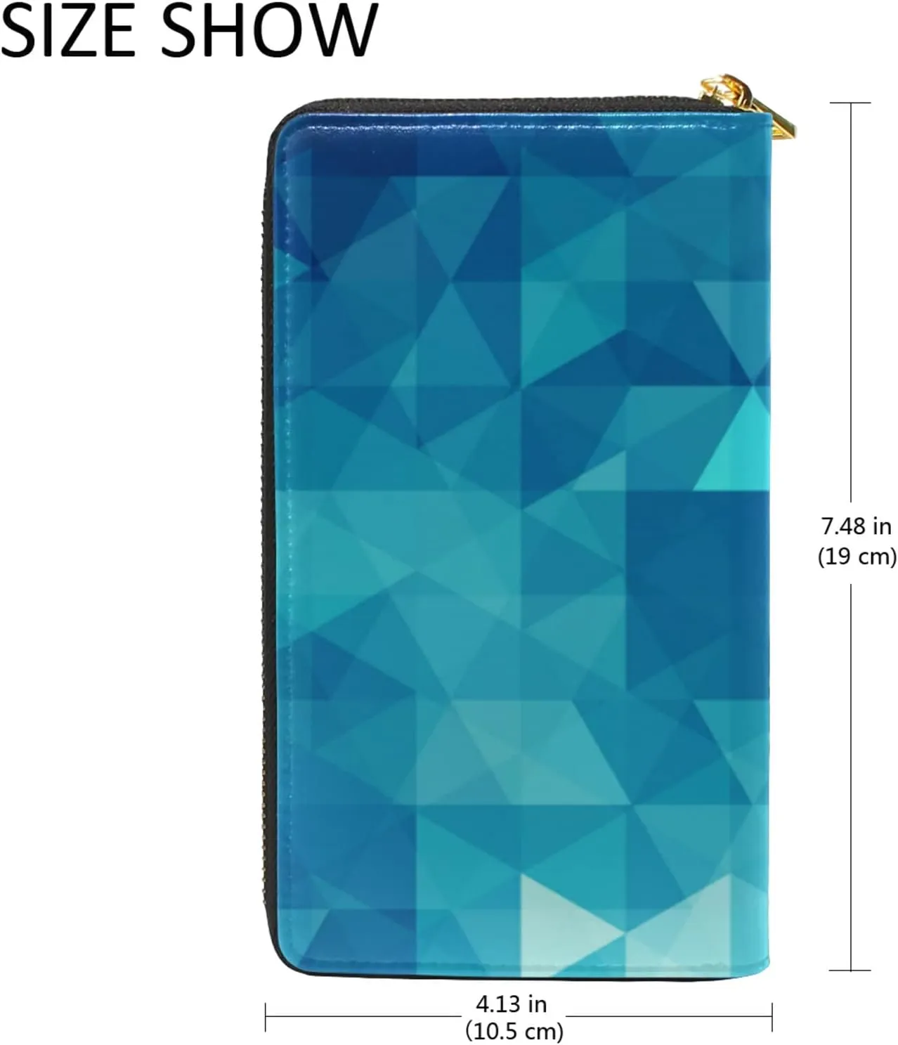 Abstract Seamless Triangles in Blue Turquoise Gradient Pattern Leather Long Wallet Organizer with Zipper Purse Clutch Bag for Women Men Key Card Coin Passport Checkbook