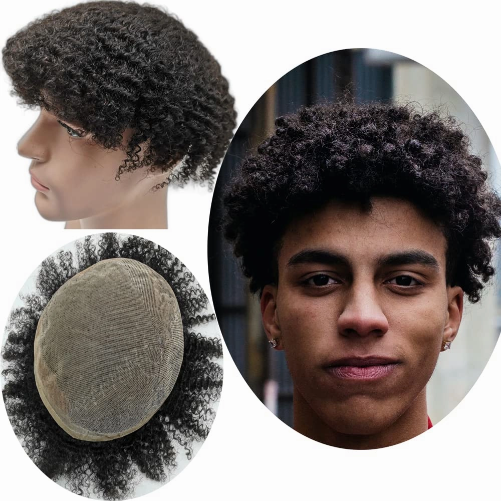 Afro Curl Toupee for Black Men African 10X8 Toupee for Men Hair Pieces Mens Prosthesis Replacement Hairpiece Real Human Hair Units Breathable Fine French Lace System 8mm curl,#1 Jet Black