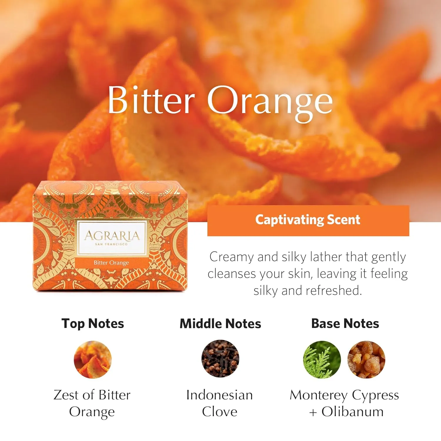 AGRARIA Luxury Bath Collection Bitter Orange Soap Bar, Moisturizing Body Bar Soap, Kukui Oil Bar Soap for Men and Women Gift Bundle