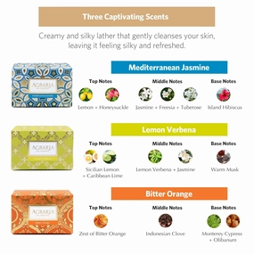 AGRARIA Luxury Bath Bar Soap Assorted Collection, Bitter Orange, Lemon Verbena, Mediterranean Jasmine Bar Soap for Men and Women, Skincare Gift Set