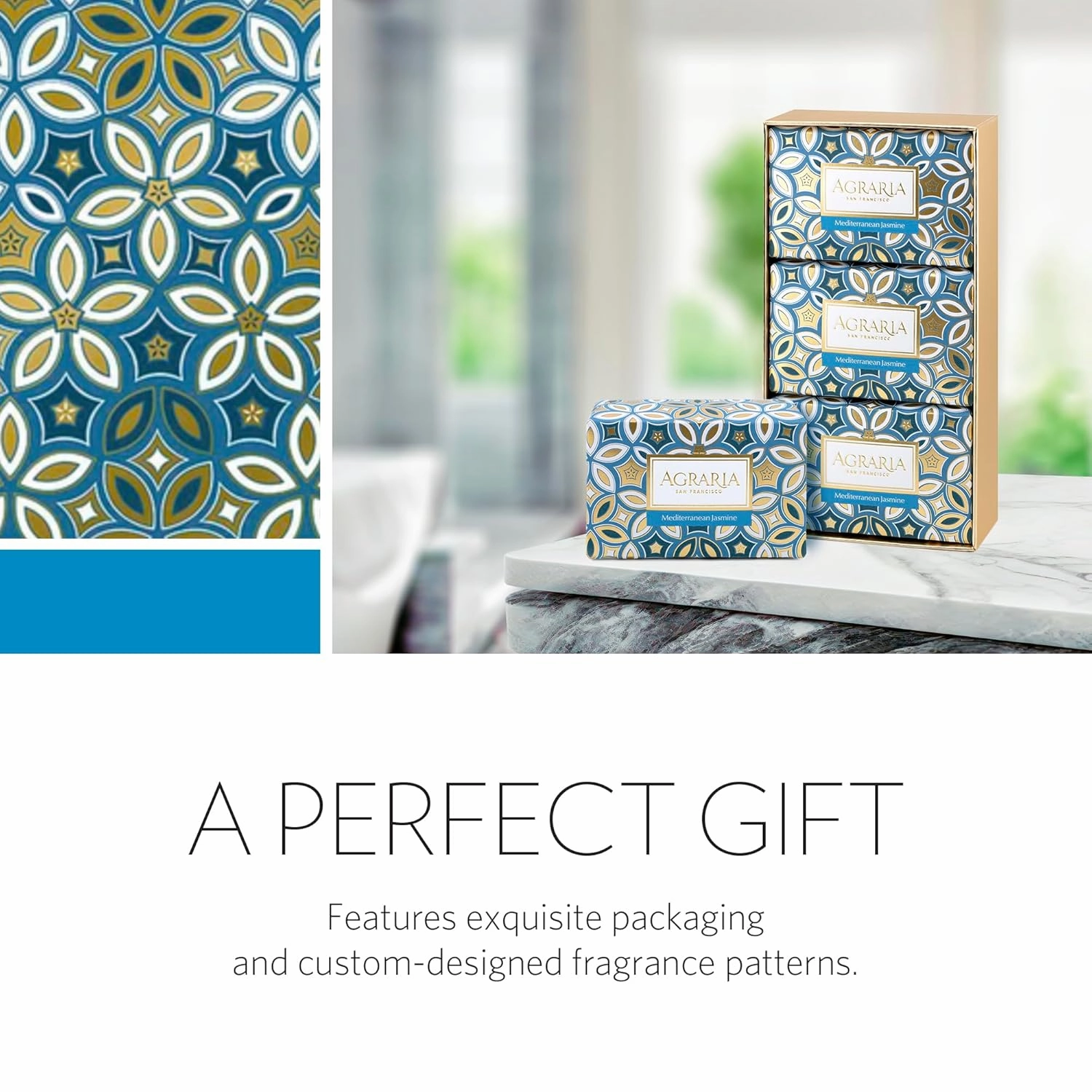 AGRARIA Luxury Bath Collection Mediterranean Jasmine Soap, Moisturizing Body Bar Soap, Shea Butter & Kukui Oil Infused Gift Bundle for Men and Women