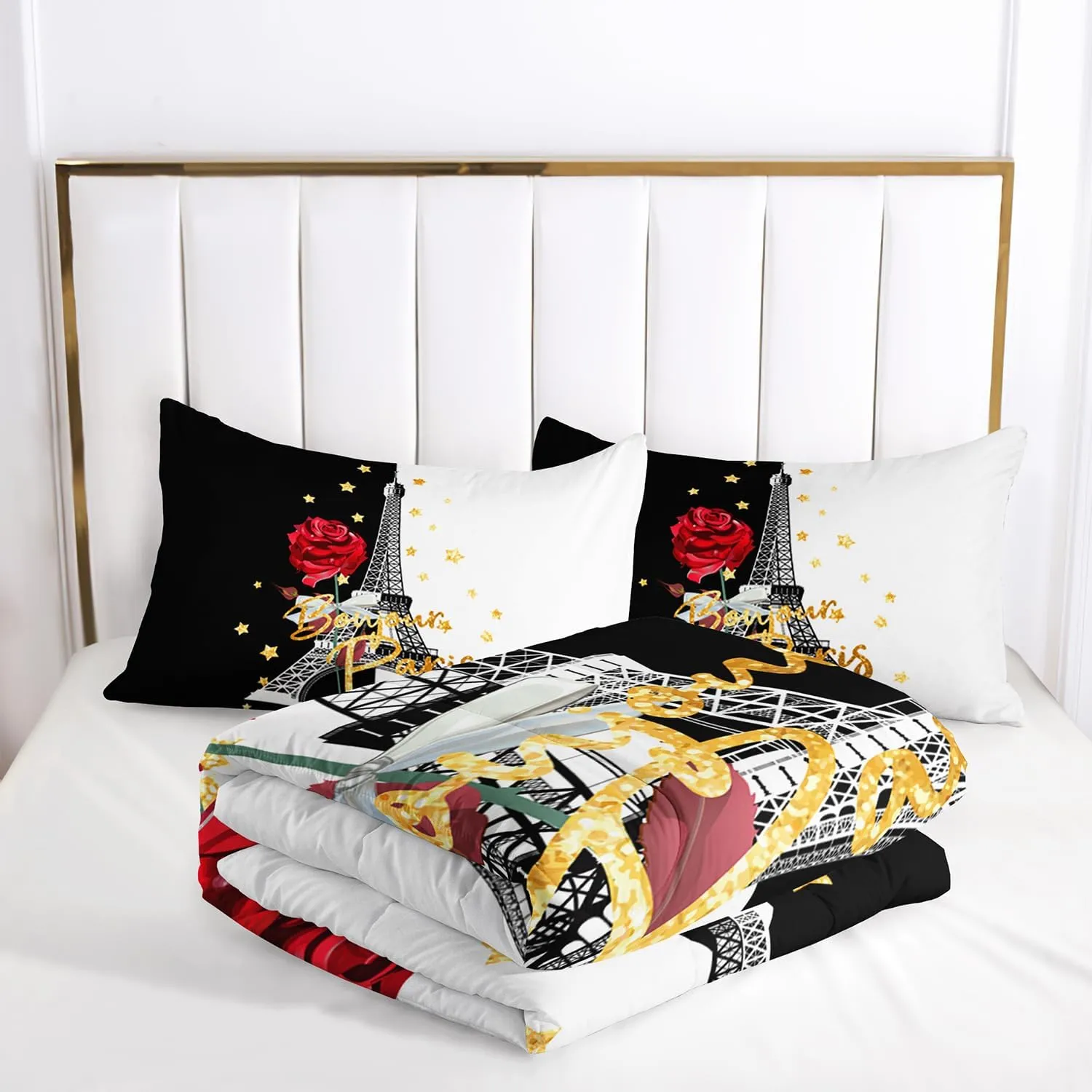 AILONEN Eiffel Tower Comforter Set Full Size,Black & White Couple Lover Bedding Set,Red Rose Bed in a Bag,Red Rose Romantic Moment Duvet Set 3 Pieces,1 Quilt and 2 Pillowcases