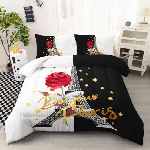 AILONEN Eiffel Tower Comforter Set Full Size,Black & White Couple Lover Bedding Set,Red Rose Bed in a Bag,Red Rose Romantic Moment Duvet Set 3 Pieces,1 Quilt and 2 Pillowcases