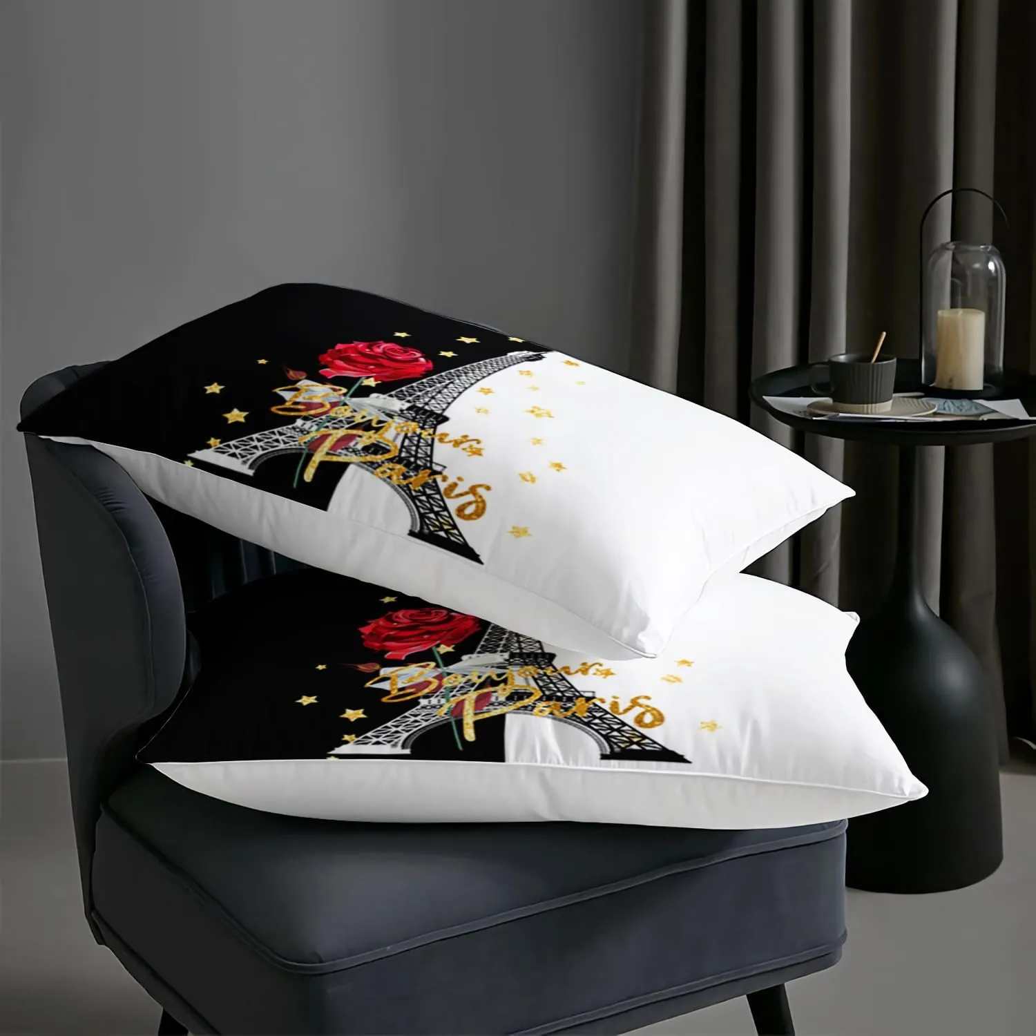 AILONEN Eiffel Tower Comforter Set Full Size,Black & White Couple Lover Bedding Set,Red Rose Bed in a Bag,Red Rose Romantic Moment Duvet Set 3 Pieces,1 Quilt and 2 Pillowcases