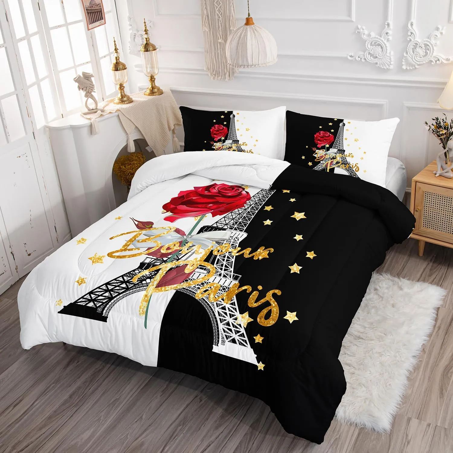 AILONEN Eiffel Tower Comforter Set Full Size,Black & White Couple Lover Bedding Set,Red Rose Bed in a Bag,Red Rose Romantic Moment Duvet Set 3 Pieces,1 Quilt and 2 Pillowcases