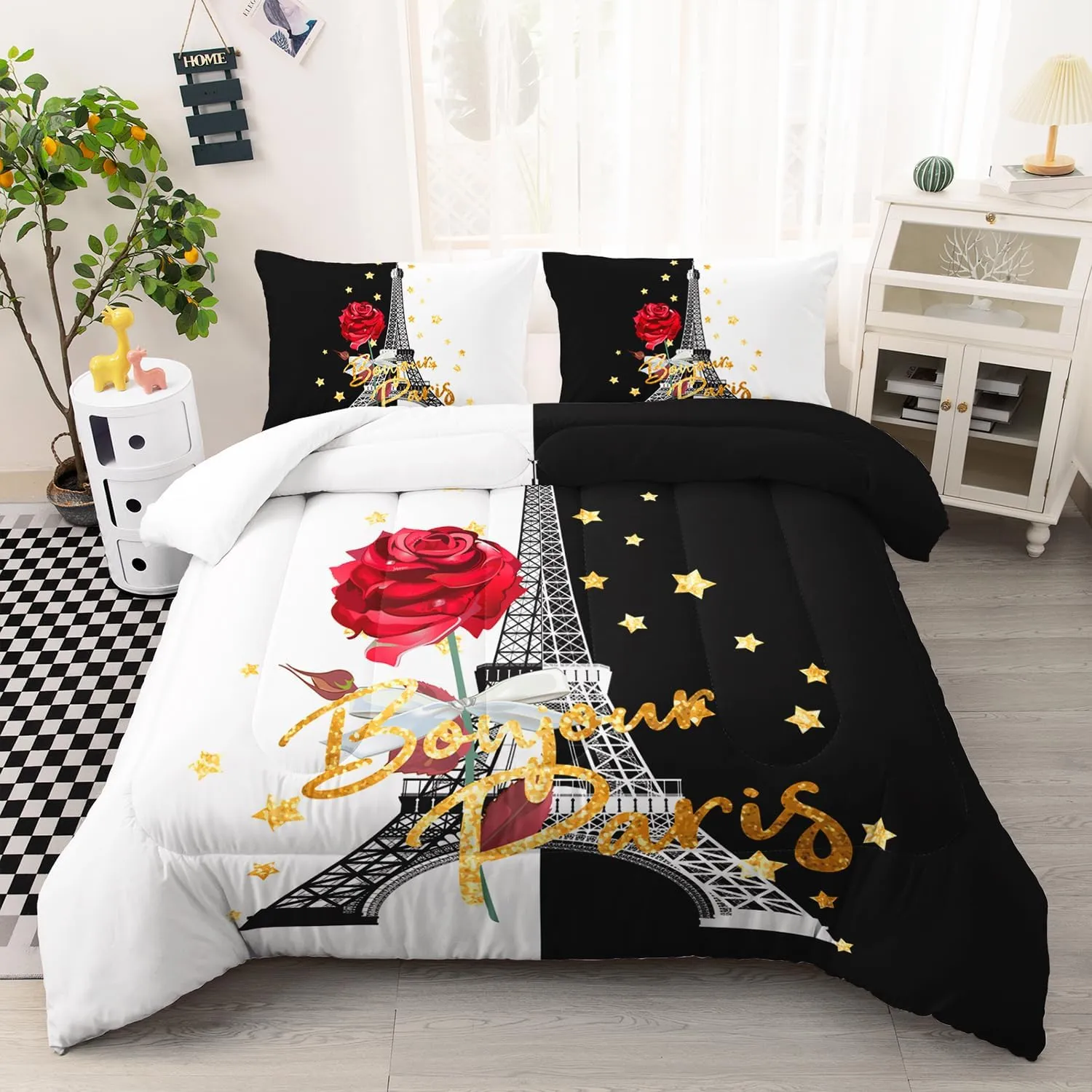 AILONEN Eiffel Tower Comforter Set Full Size,Black & White Couple Lover Bedding Set,Red Rose Bed in a Bag,Red Rose Romantic Moment Duvet Set 3 Pieces,1 Quilt and 2 Pillowcases