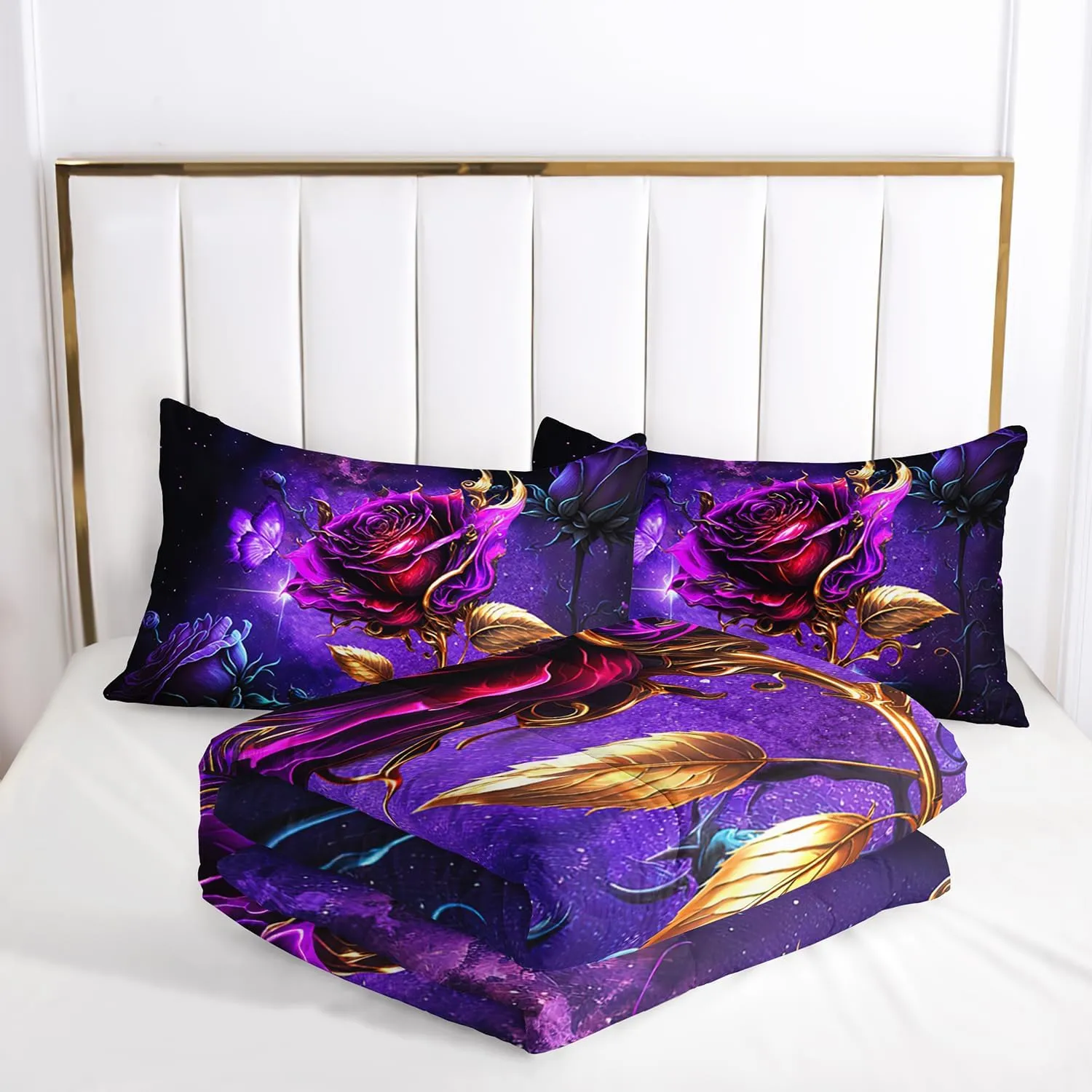 AILONEN Purple Rose Comforter Set Queen Size, 3D Purple Rose Bedding Set for Girls Couple Lover,Romantic Milky Way Flowers Bed in a Bag 3 Pcs,1 Quilt and 2 Pillowcases,Soft Microfiber
