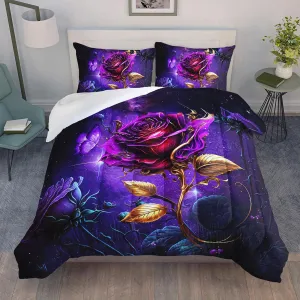 AILONEN Purple Rose Comforter Set Queen Size, 3D Purple Rose Bedding Set for Girls Couple Lover,Romantic Milky Way Flowers Bed in a Bag 3 Pcs,1 Quilt and 2 Pillowcases,Soft Microfiber