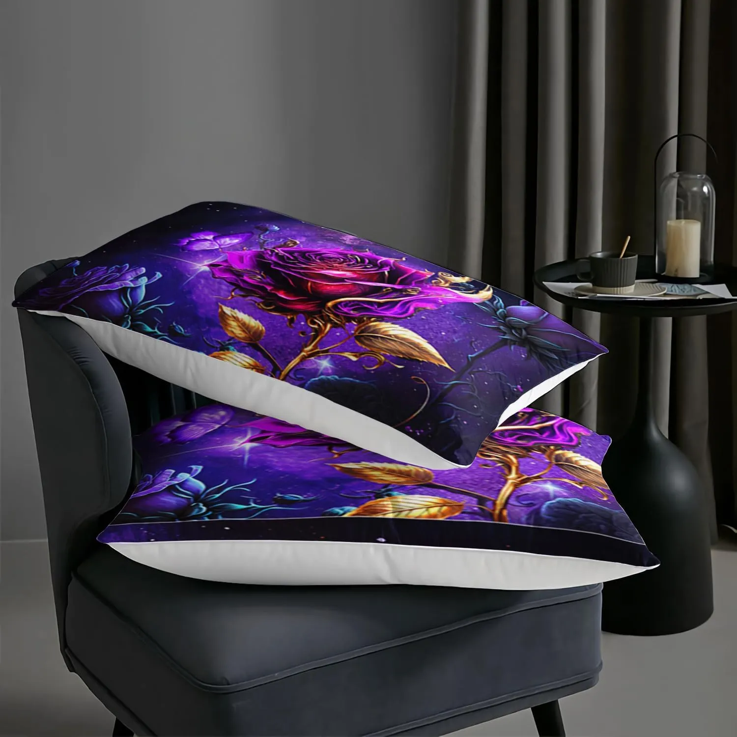 AILONEN Purple Rose Comforter Set Queen Size, 3D Purple Rose Bedding Set for Girls Couple Lover,Romantic Milky Way Flowers Bed in a Bag 3 Pcs,1 Quilt and 2 Pillowcases,Soft Microfiber