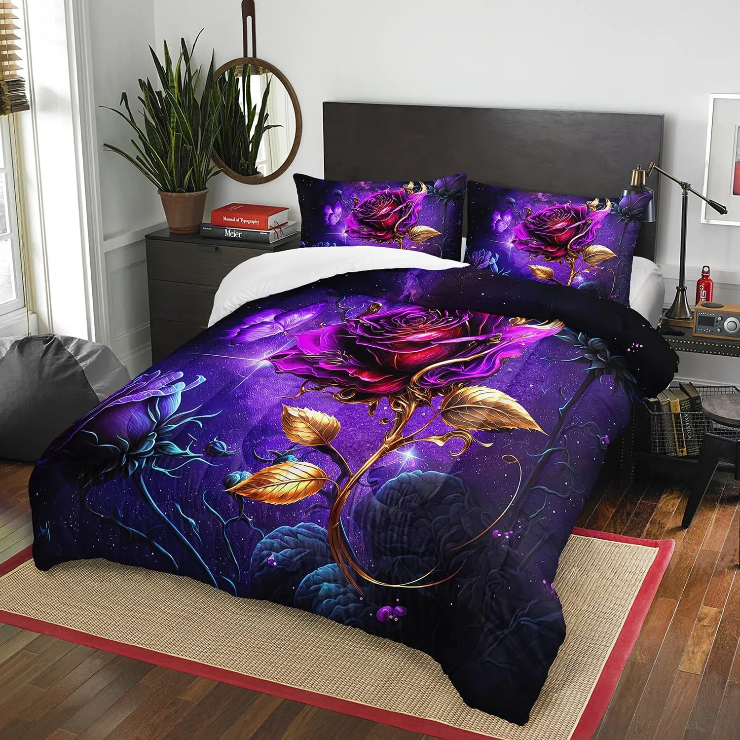 AILONEN Purple Rose Comforter Set Queen Size, 3D Purple Rose Bedding Set for Girls Couple Lover,Romantic Milky Way Flowers Bed in a Bag 3 Pcs,1 Quilt and 2 Pillowcases,Soft Microfiber