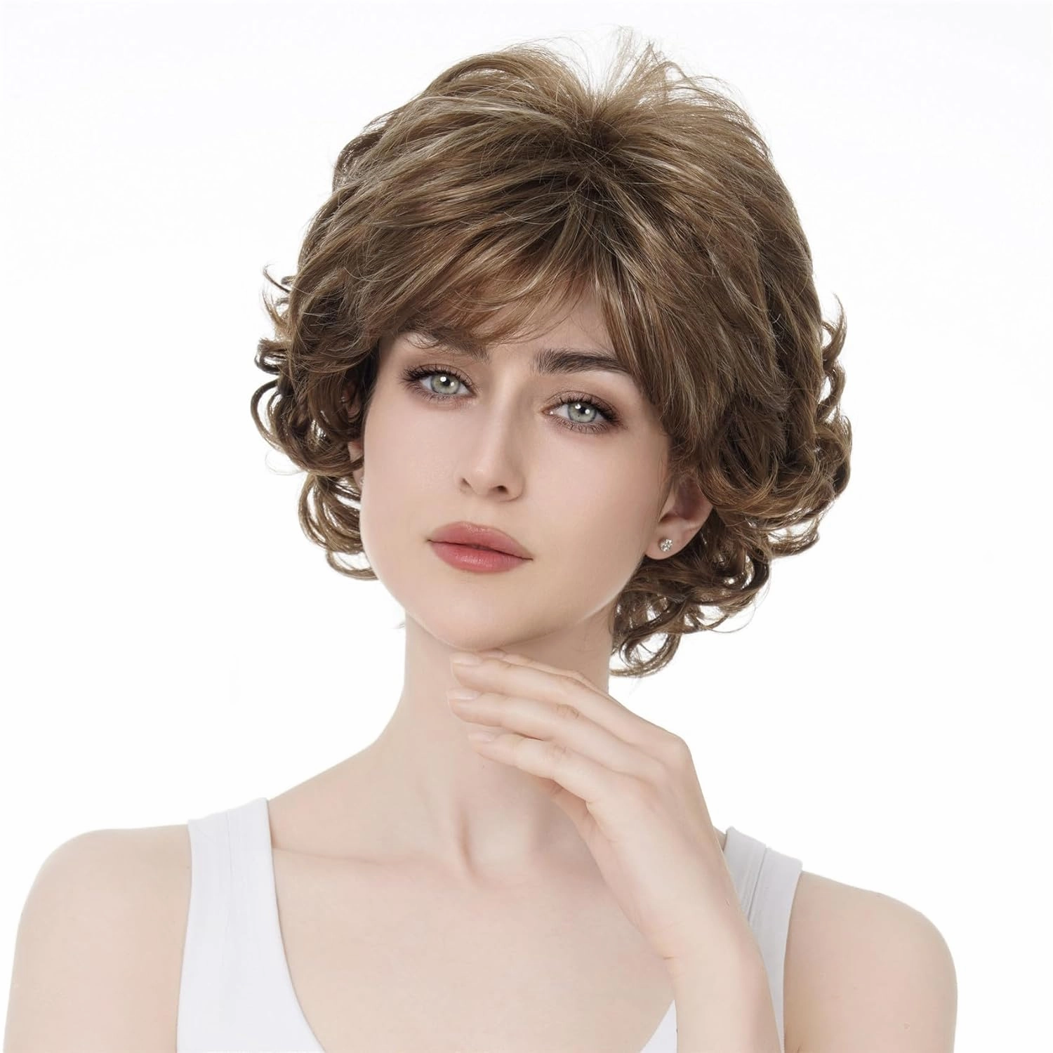 Aimole Short Curly Synthetic Wigs Full Capless Hair Women's Thick Wig for Everyday 12TT26 (Light Reddish Golden Brown with Bright Golden Blonde Highlighted)