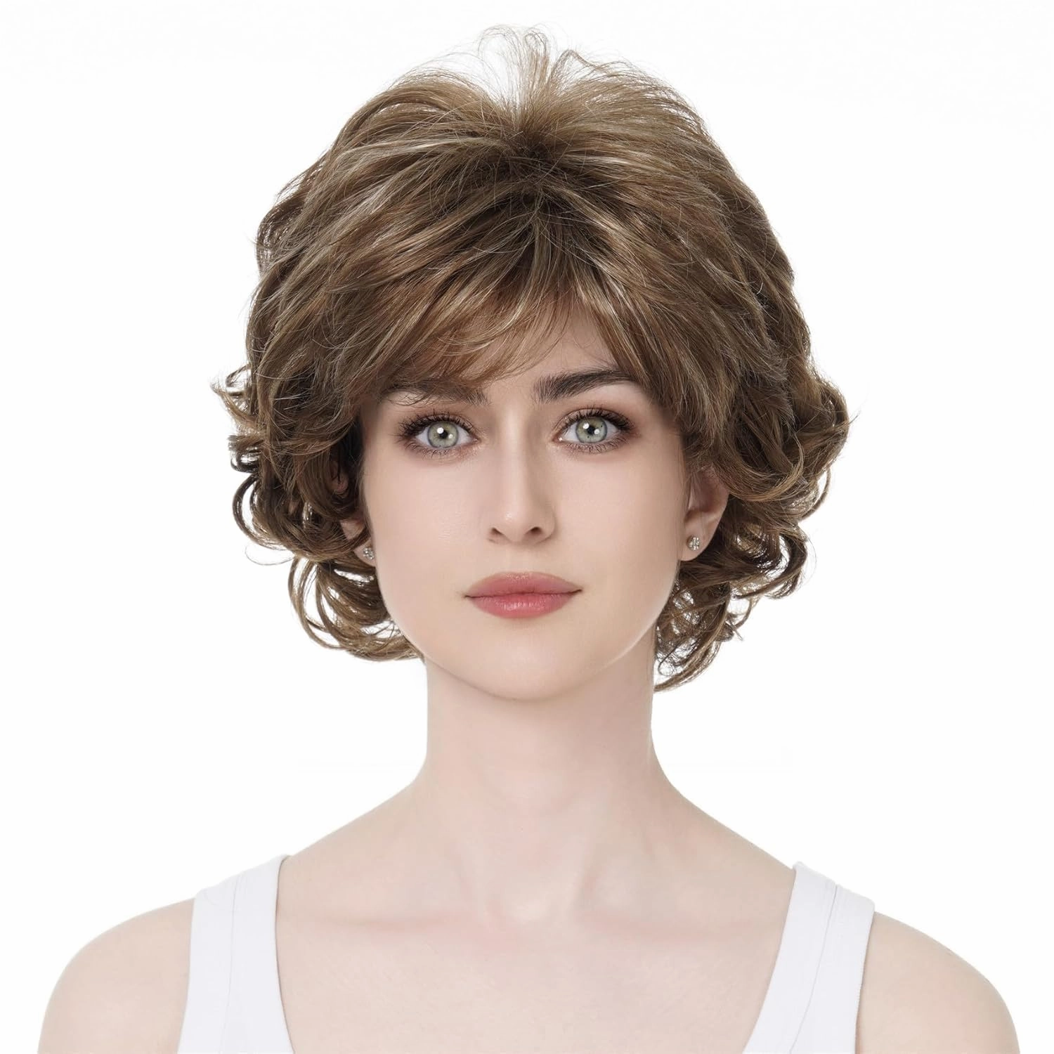 Aimole Short Curly Synthetic Wigs Full Capless Hair Women's Thick Wig for Everyday 12TT26 (Light Reddish Golden Brown with Bright Golden Blonde Highlighted)
