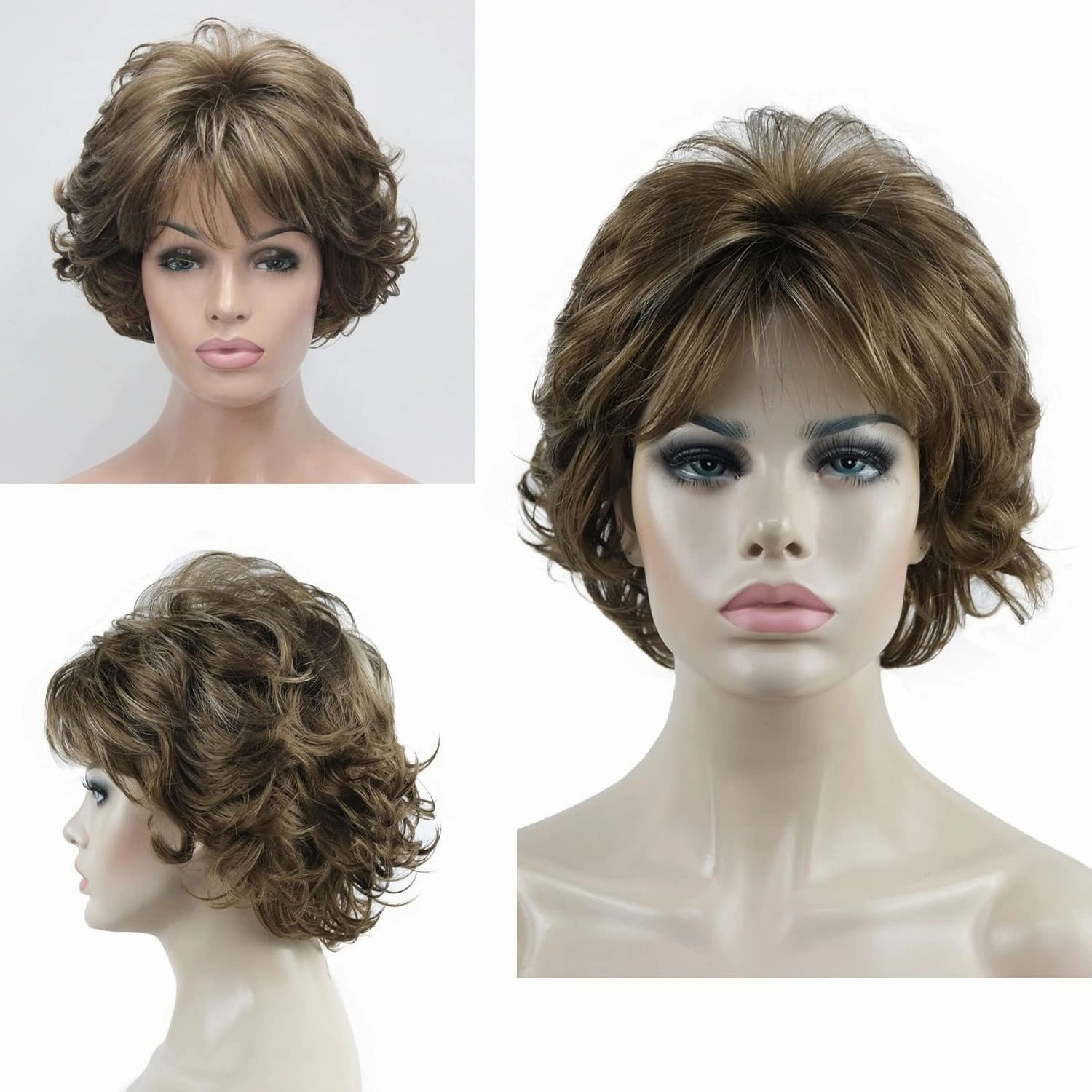Aimole Short Curly Synthetic Wigs Full Capless Hair Women's Thick Wig for Everyday 12TT26 (Light Reddish Golden Brown with Bright Golden Blonde Highlighted)