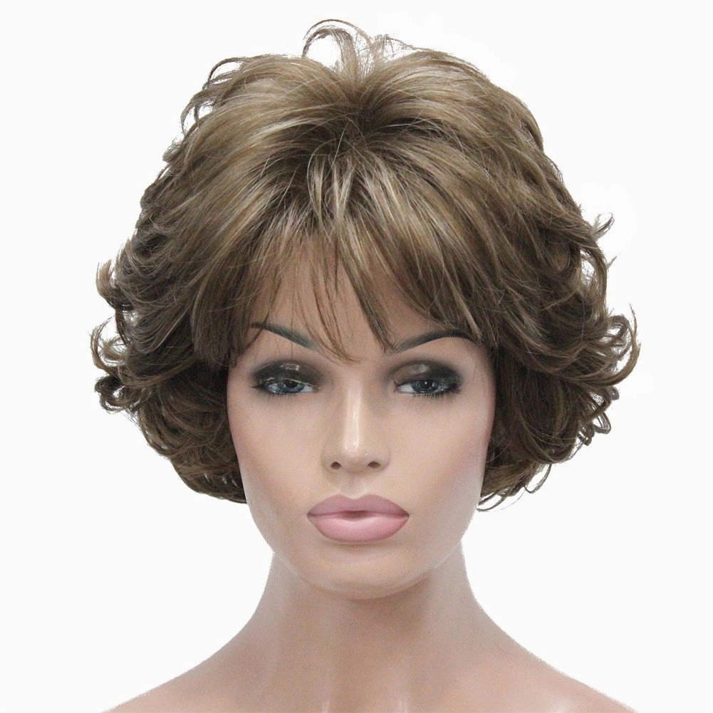 Aimole Short Curly Synthetic Wigs Full Capless Hair Women's Thick Wig for Everyday 12TT26 (Light Reddish Golden Brown with Bright Golden Blonde Highlighted)