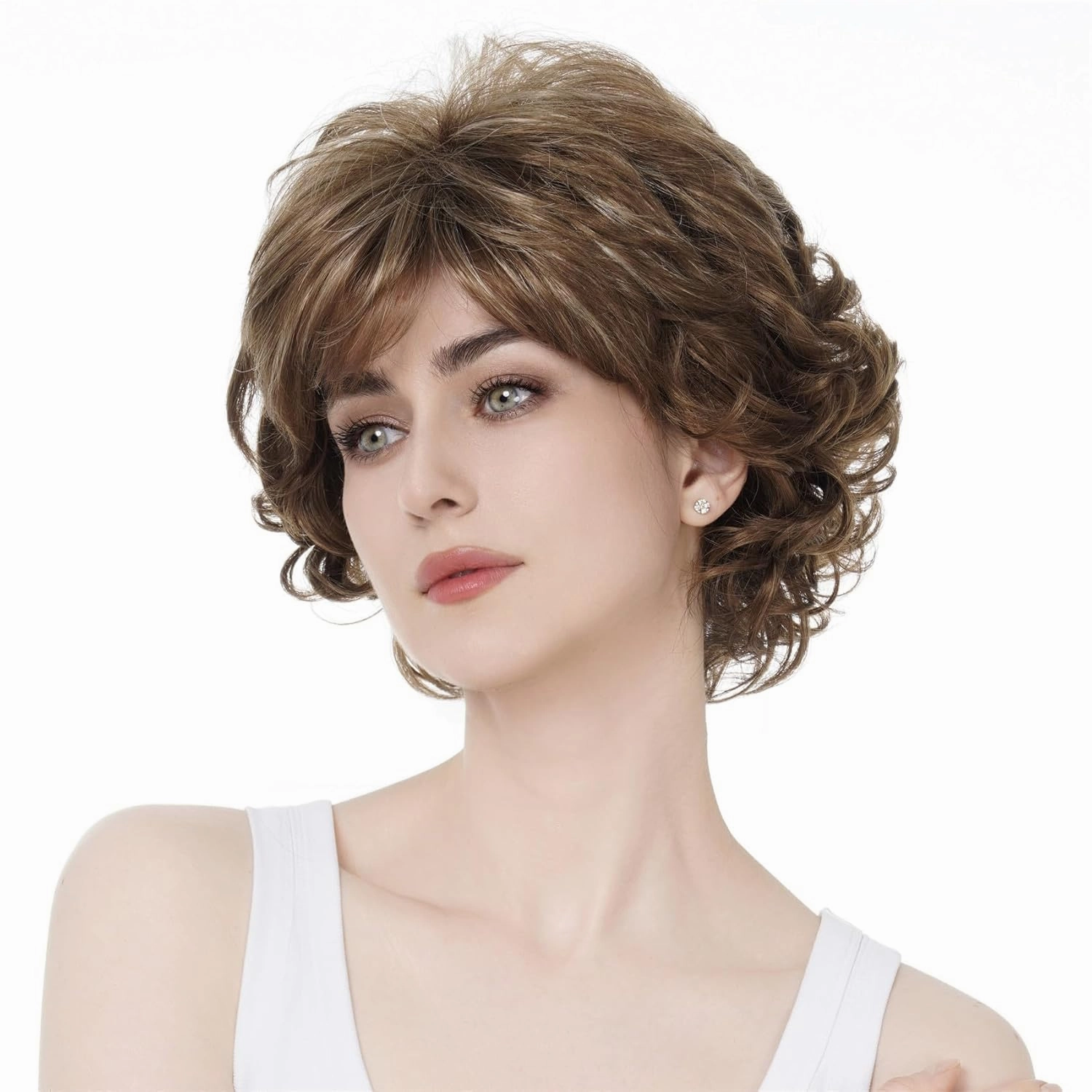 Aimole Short Curly Synthetic Wigs Full Capless Hair Women's Thick Wig for Everyday 12TT26 (Light Reddish Golden Brown with Bright Golden Blonde Highlighted)
